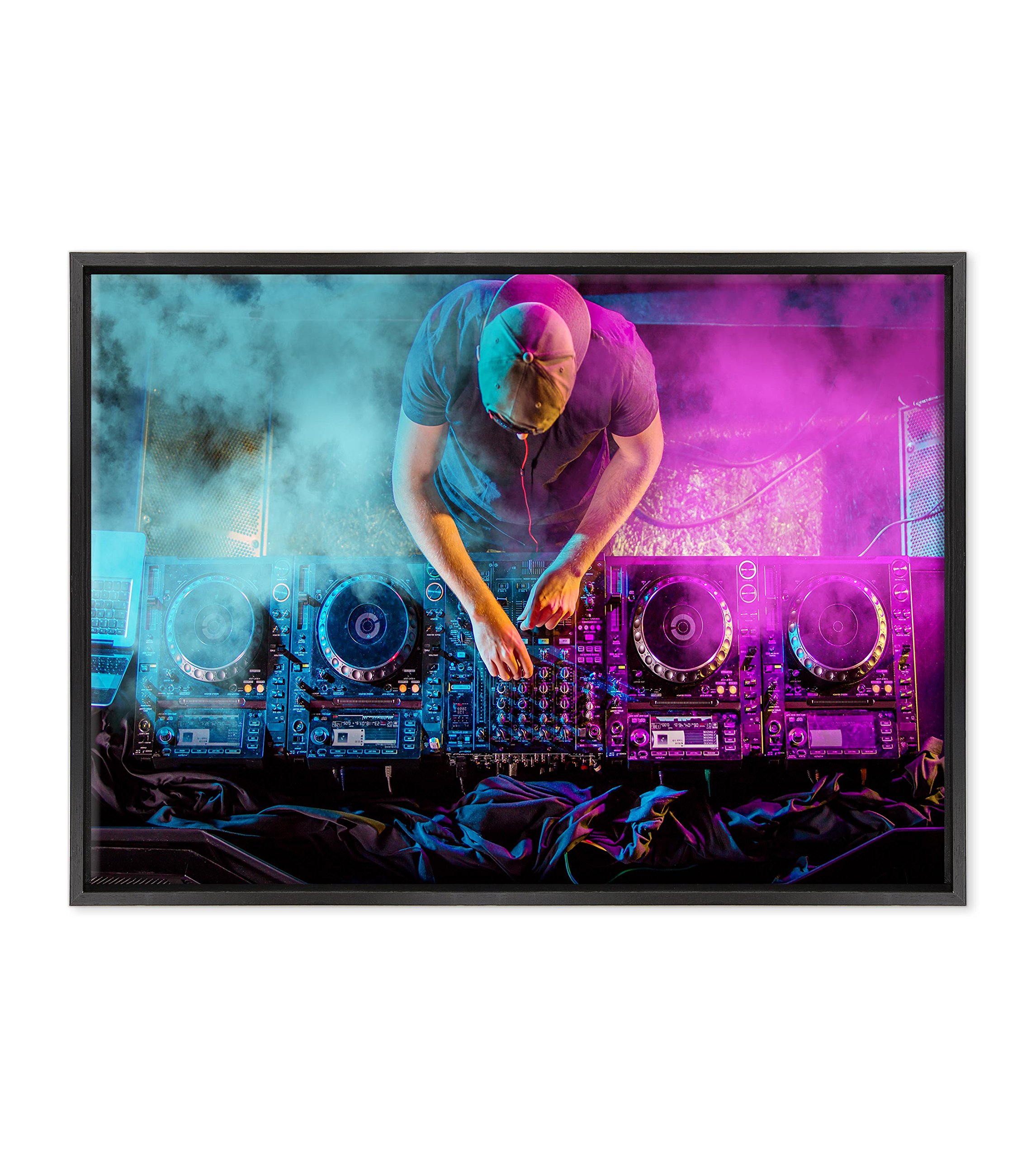 QUADRO SU TELA CANVAS INTELAIATO - CON CORNICE - Deejay DJ - Piatti discoteca - 50x70cm - Stile Moderno Nero - (cod.2204)