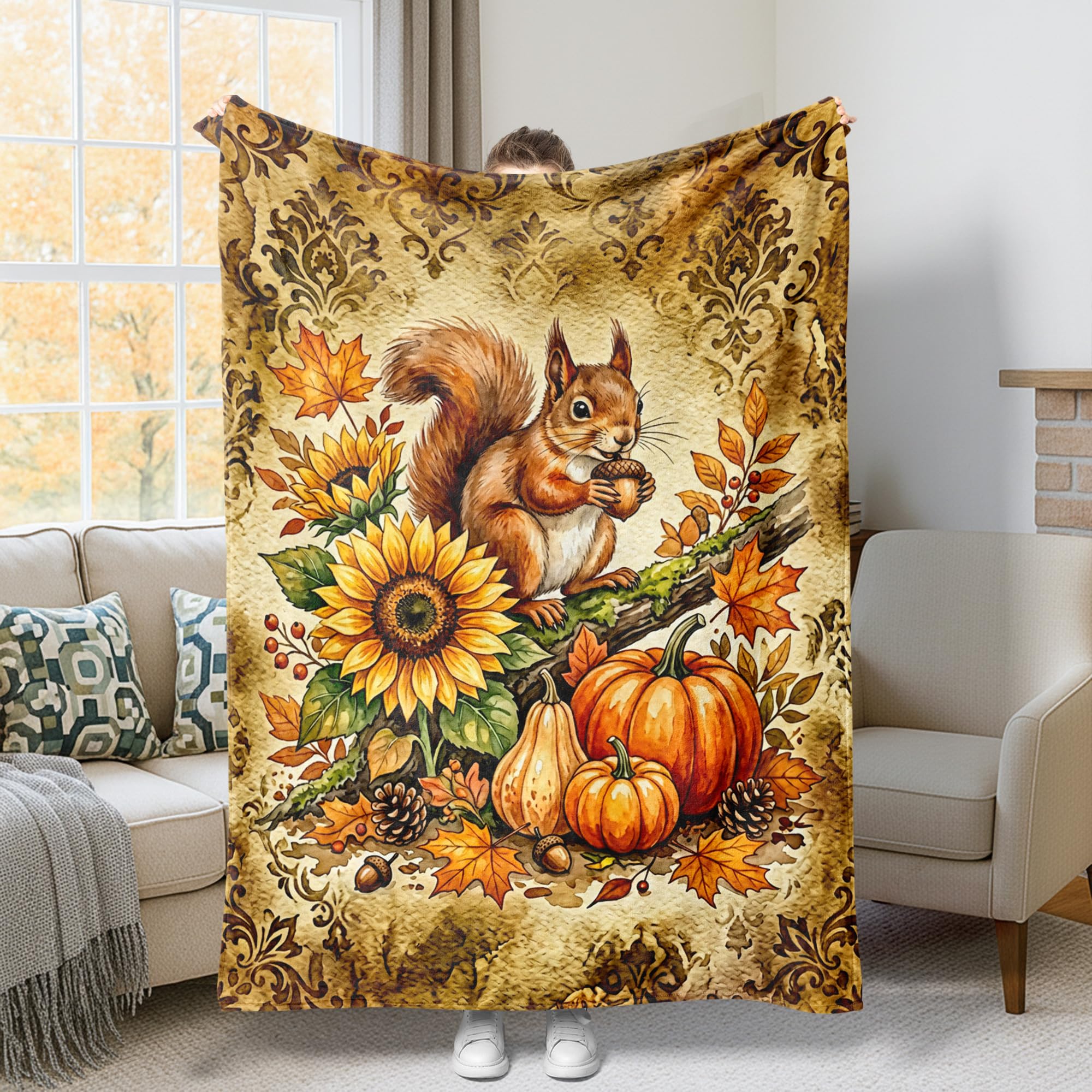 Couverture pelucheuse automnale motif écureuil et citrouilles 127x152