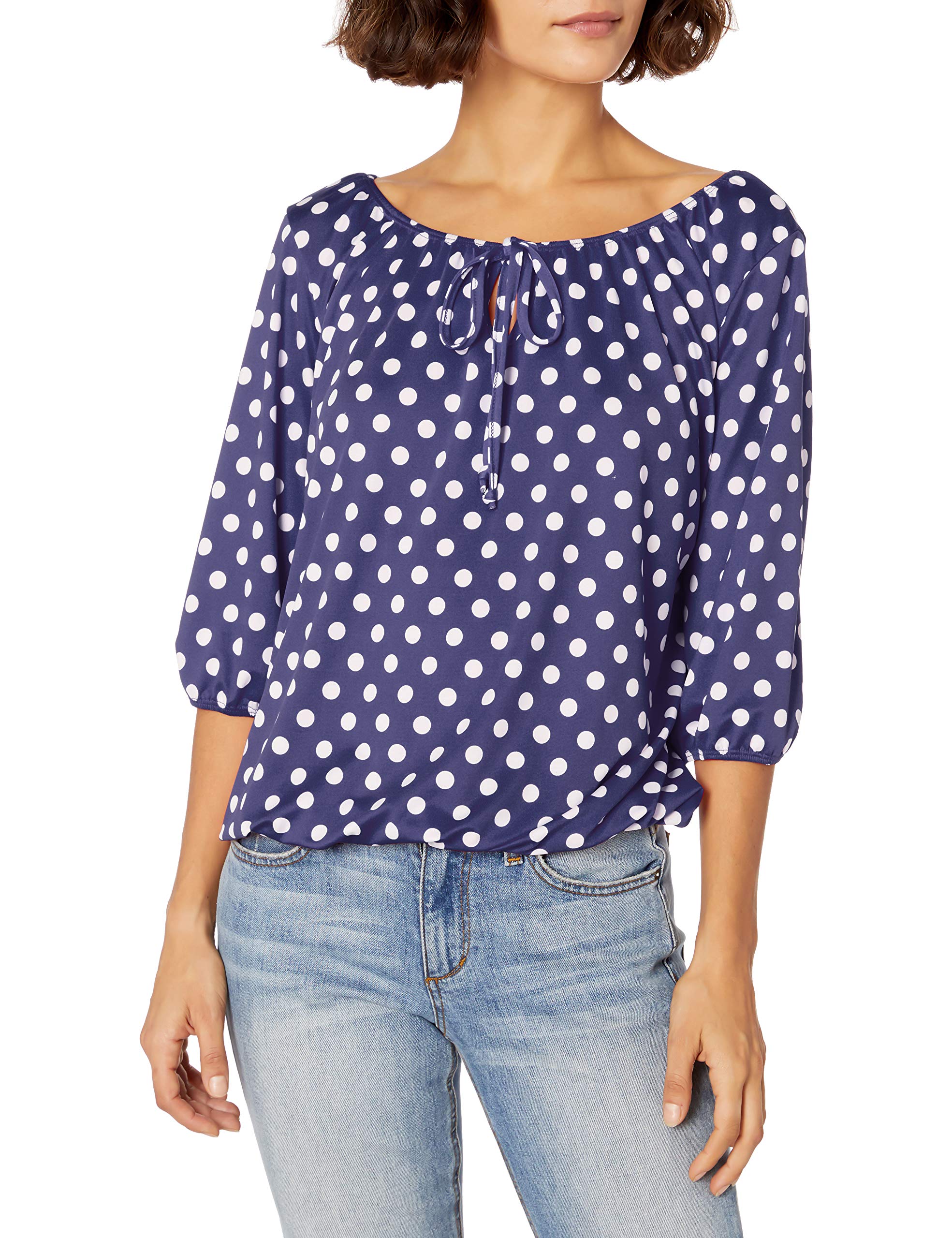 Star Vixen Women's Navy Dot Petite 3/4 Sleeve Tieneck Elasticized Peasant Top, Large Petite