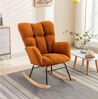 Light Blue Upholstered Nursery Rocking Chair, Teddy Fabric Glider Rocking Chair with Padded Seat, Accent Chair with High Backrest Armchair Comfy Side Chair for Living Room (Orange)