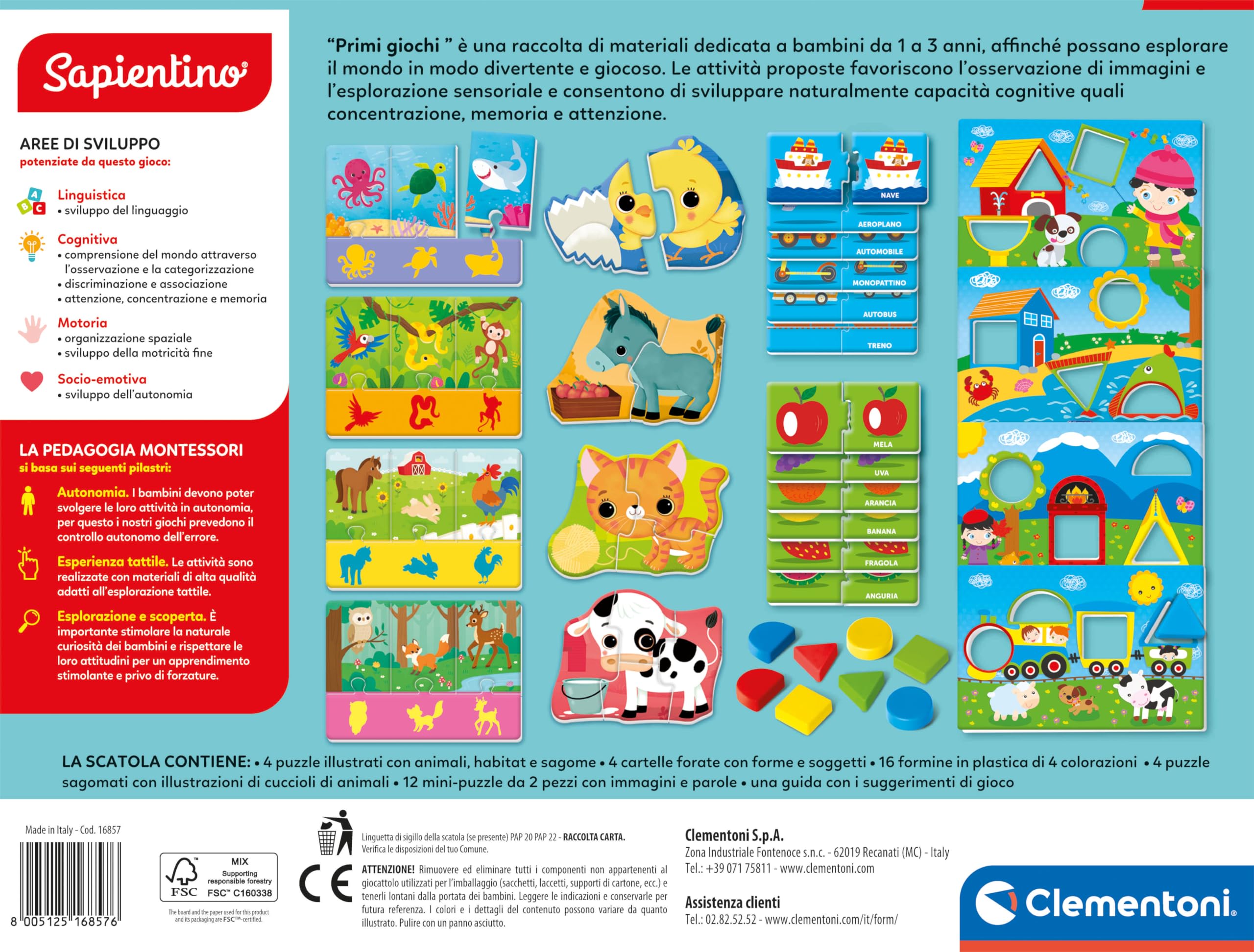Clementoni Sapientino Montessori - Primi Giochi, Gioco Educativo Metodo Montessoriano Bambini 1-3 Anni, con Tante attività su Forme, Colori, Animali e Parole, Made in Italy, Lingua Italiana, 16857
