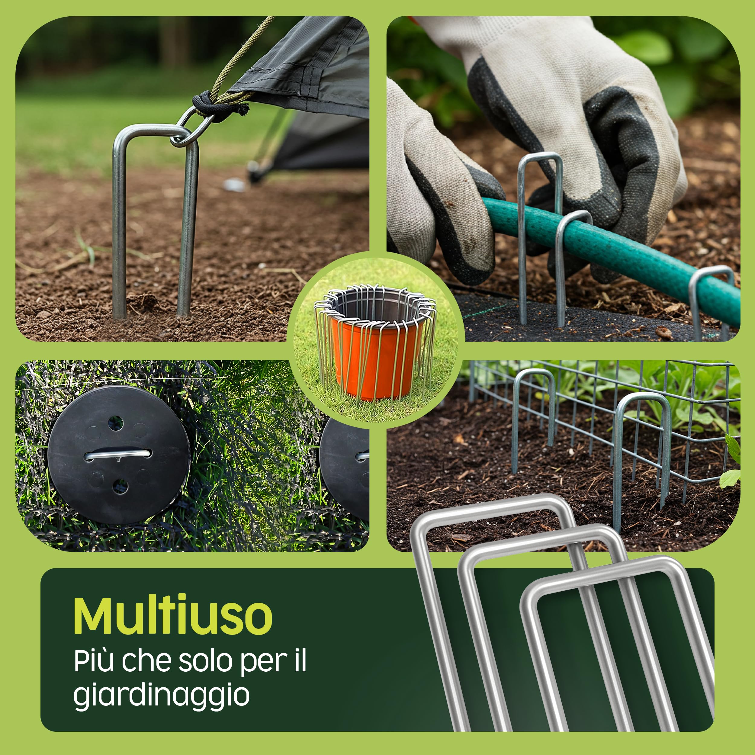 PORTENTUM Picchetti da Giardino 500 pz + 80 Rondelle - Picchetti Telo Pacciamatura, Picchetti Ancoraggio per Campeggio e Prato Sintetico, Resistenti in Acciaio Zincato