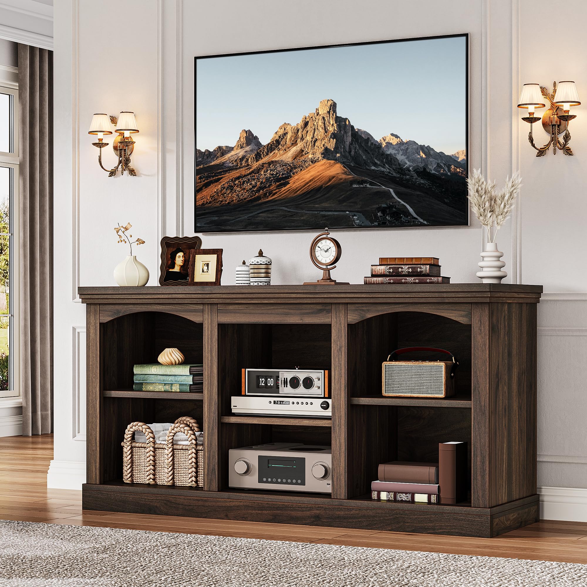 YITAHOME Farmhouse TV Stand for 65 Inch TV, Entertainment Center with Adjustable Shelf, Large TV Console Table for Living Room (Walnut)