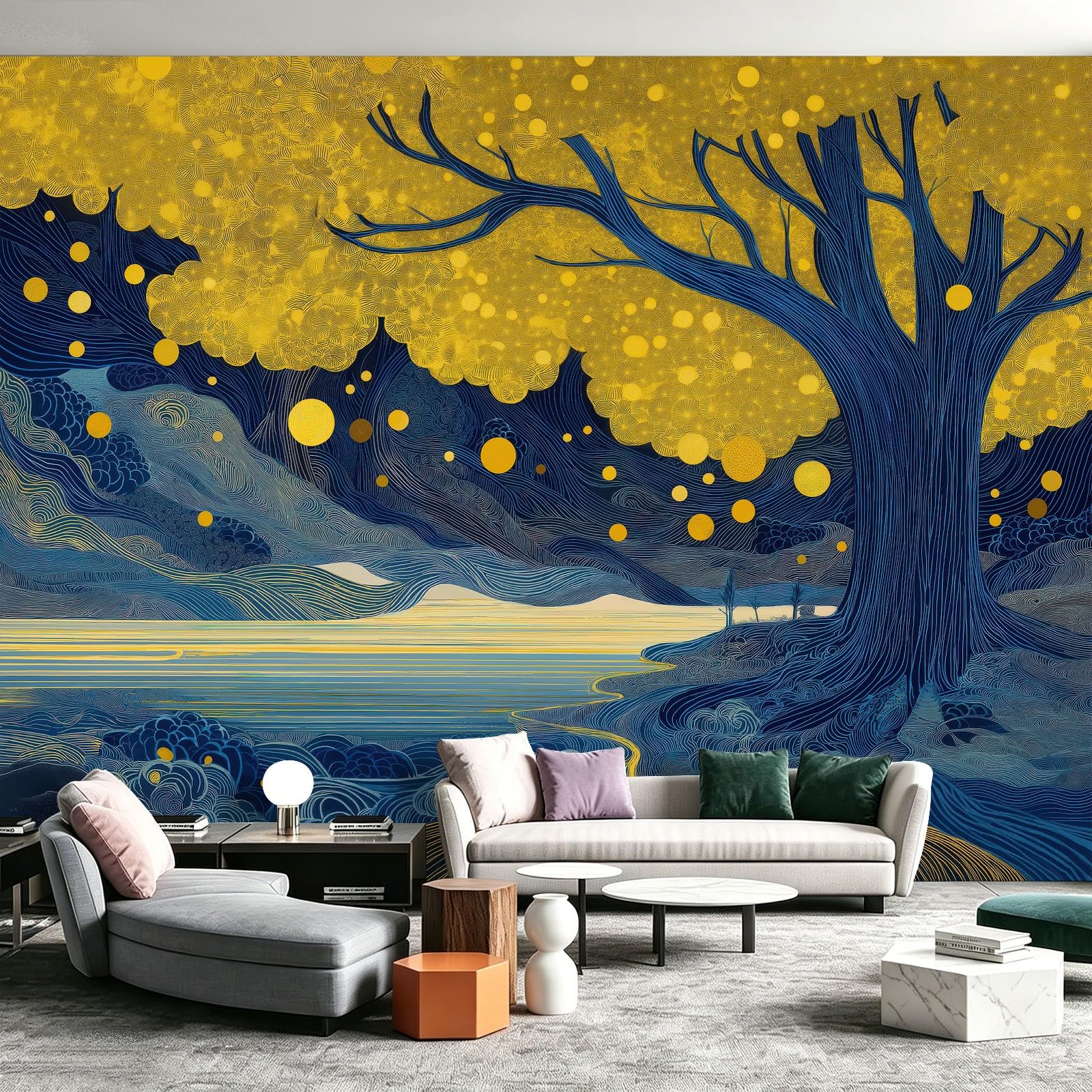 Carta da parati fotografica con grande albero a pois fiume 350 x 256 cm (larghezza x altezza), in tessuto non tessuto, illustrazione fantasia, per cucina, sala da pranzo, ufficio, carta da parati
