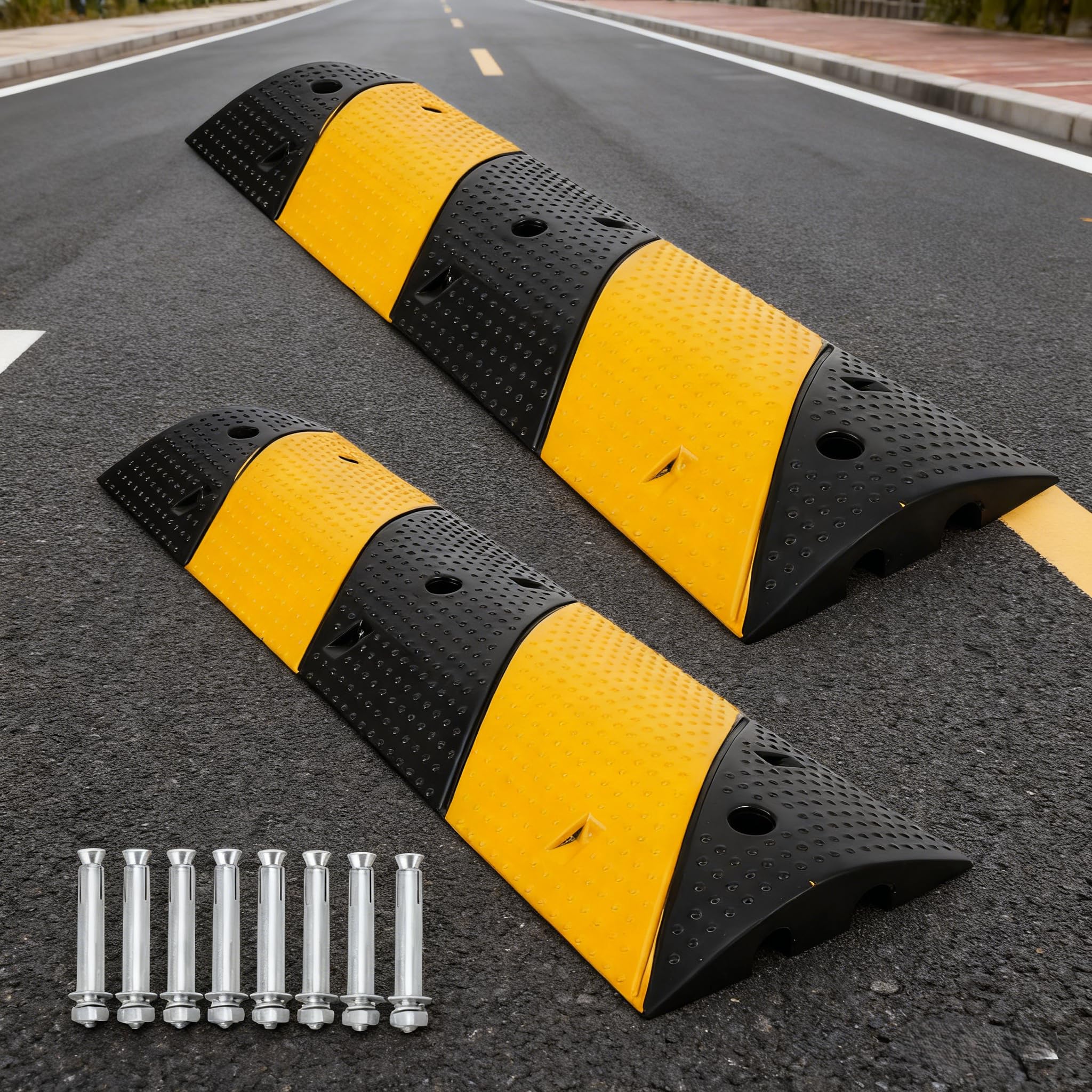 2 Pack Rubber Speed Bumps, 3.3Ft Heavy Duty Speed Bump, 25000LBS Capacity Cable Protector Ramp, Modular Cable Protector Ramps for Driveway/Road, Includes 8 Bolt Spikes
