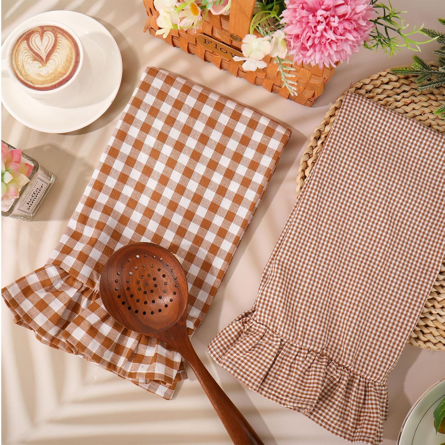 JarThenaAMCS 3 Pcs Light Brown Kitchen Towels Ruffled Gingham Cotton Dish Towels Plaid Stripe Absorbent Tea Cloths for Farmhouse Cleaning Drying Home Entertaining Party Table Supplies, 26 x 17.7 Inch