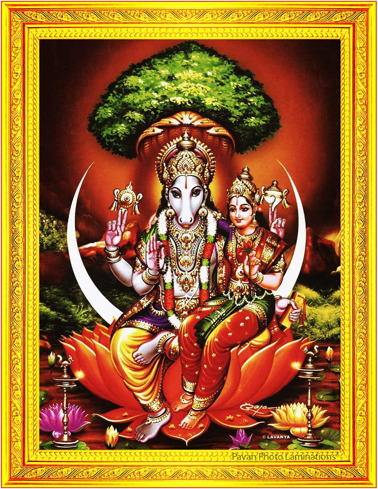 Pavan Photo LaminationsLord Hayagriva Swamy Hayagrivar Hayagreeva Hayagreevar Hayagriv Goddess Lakshmi Devi Framed Painting Wall Hanging (Gold,Small Size,6x8in) R607S