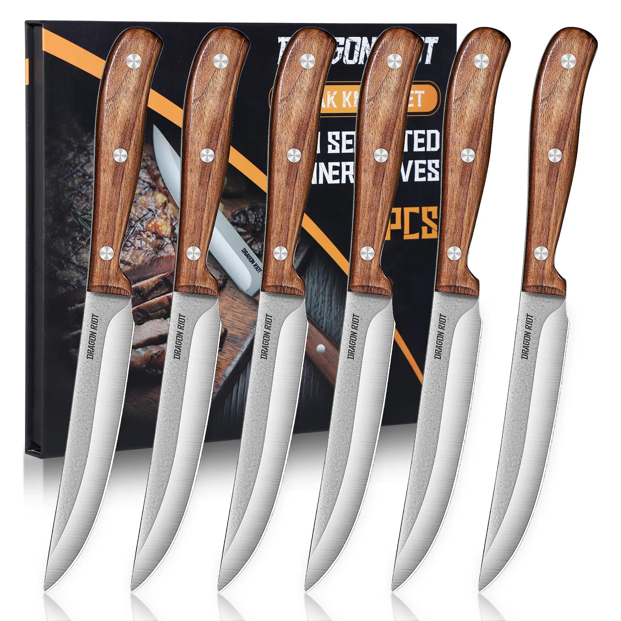 DRAGON RIOT Steak Knives Set of 6, Ultra Sharp Steak Knife Set Japanese VG-10 Stainless Steel Non Serrated Steak Knives Full Tang Wood Handle with