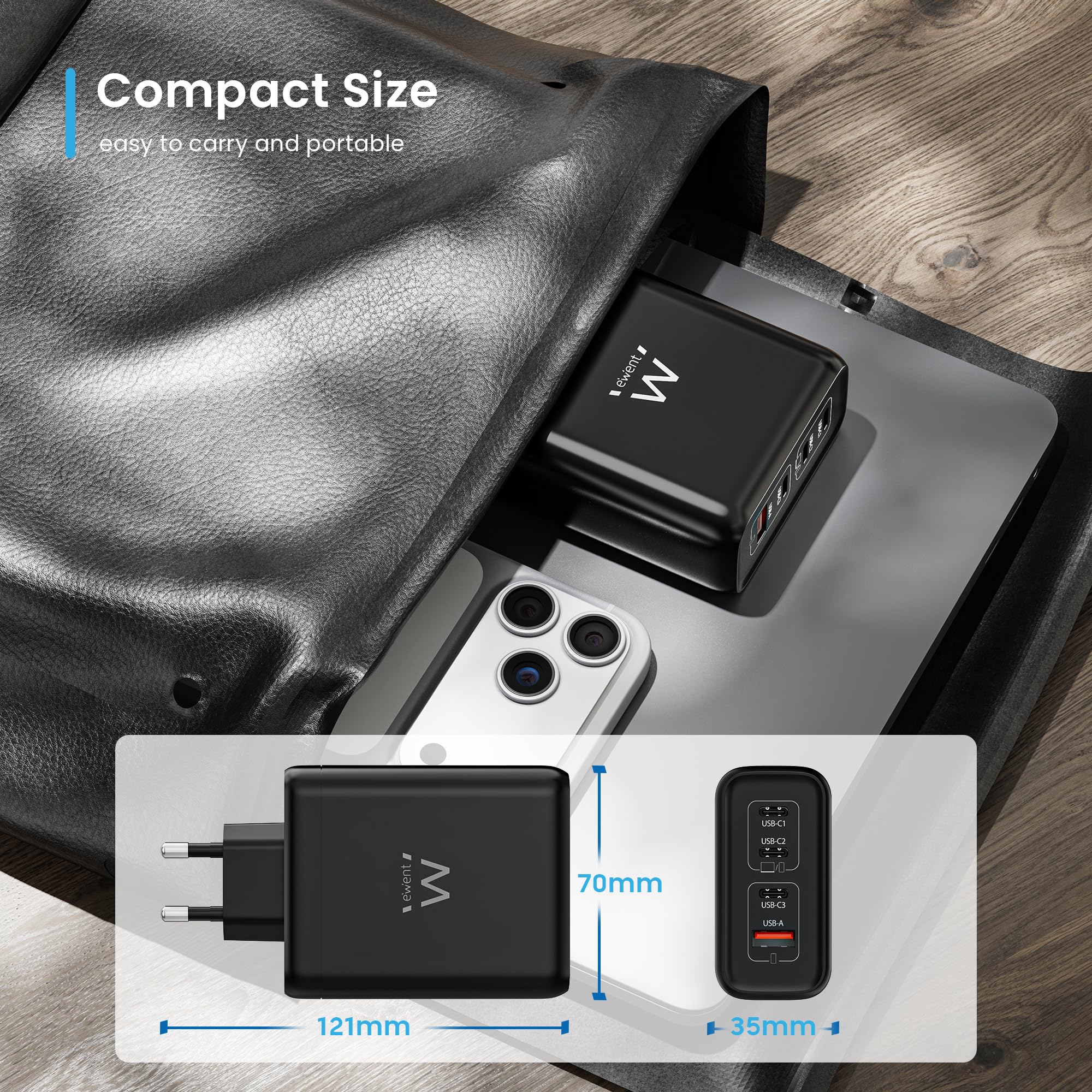 Ewent Caricatore USB C 140W, Caricabatterie Rapido GaN Fast 4 Porte USB (3 USB-C PD 3.1 + 1 USB-A QC 3.0), per Notebook, MacBook, iPhone 17, iPad, Android con Cavo USB-C 240W da 2 m, Nero