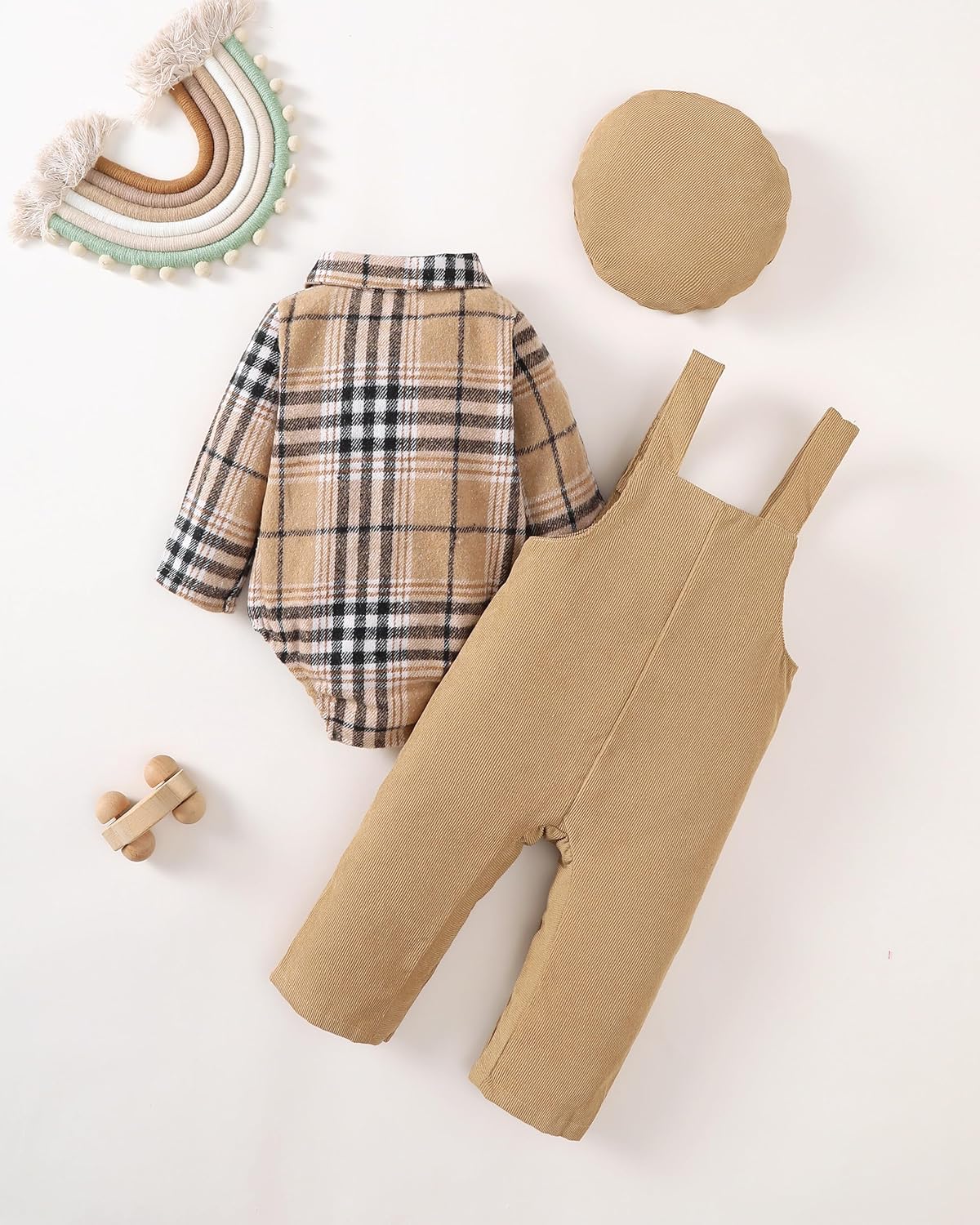 Renotemy Baby Boy Clothes Flannel Plaid Bodysuit+Corduroy Overalls+Beret Hat 3Pcs Fall Winter Outfits for 3-24 Months Boys - Image 4