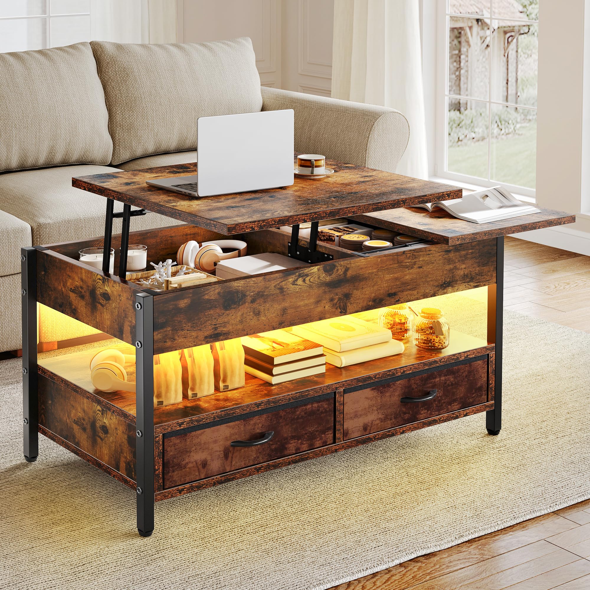 YITAHOME Couchtisch Höhenverstellbar, Wohnzimmertisch mit Verstecktem Ablagefach für für Wohnzimmer, Büro, couchtisch mit stauraum und 2 Schublade und LED-Lichtleiste 106 x50x51,5cm
