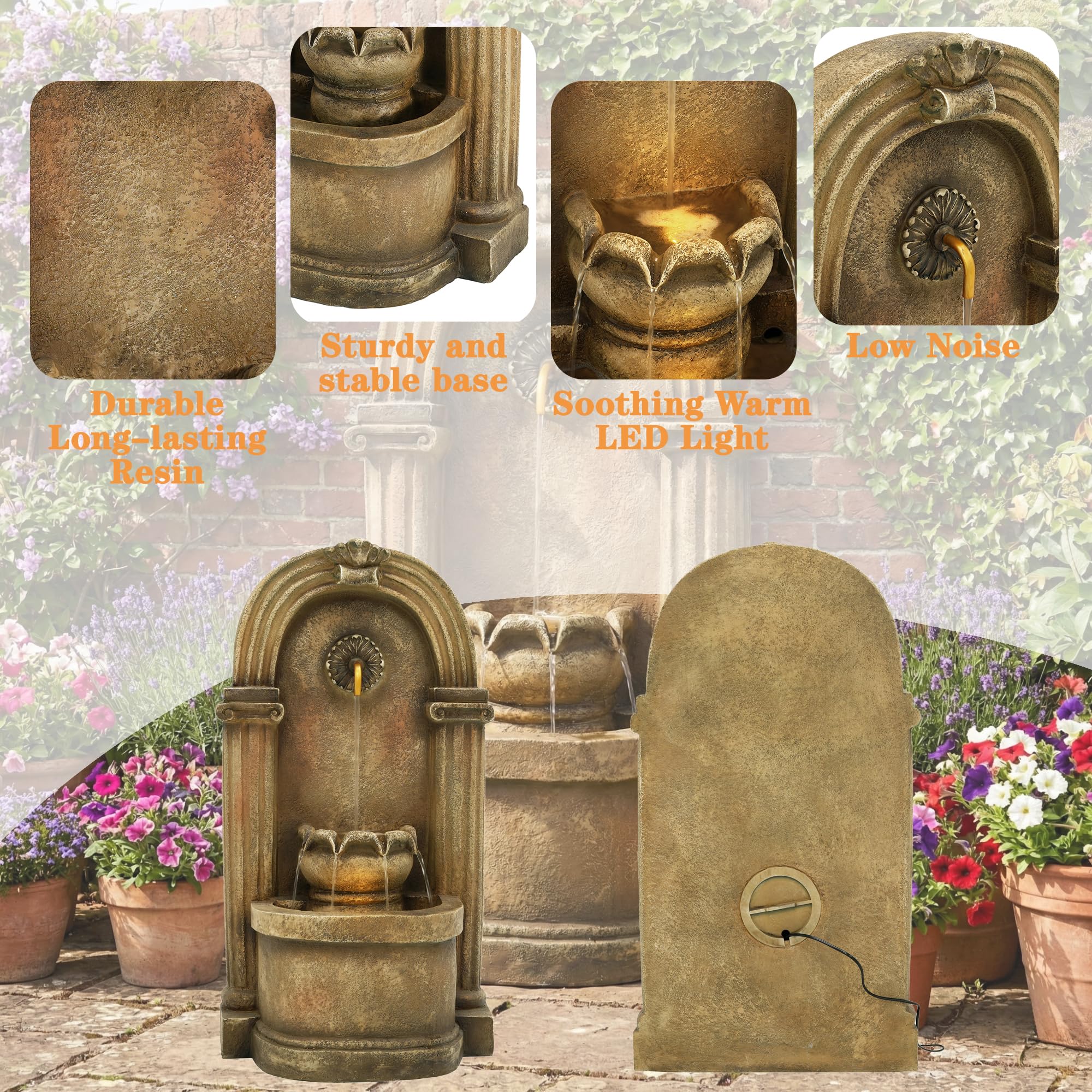 Fontana da giardino, fontana decorativa, stile antico, 230 V, gioco d'acqua per giardino, laghetto da giardino, terrazza, balcone, rubinetto, bacino, in piedi, design ad arco (marrone-1)