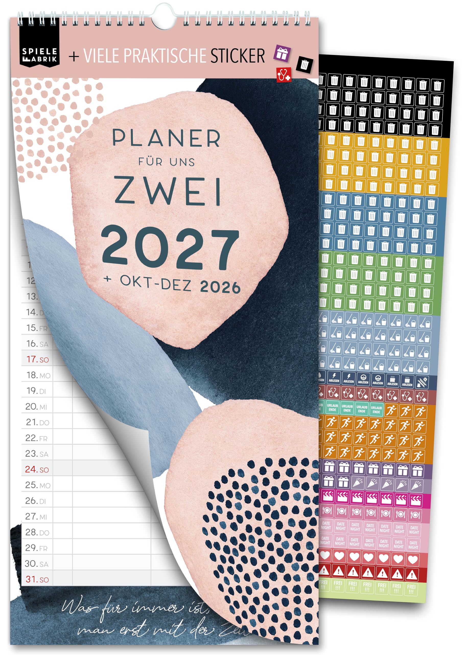 Spielefabrik® Familienkalender 2027 3 Spalten Paarkalender 16 x 32,5 cm PASTELL Paarplaner Der Kalender für 2 Personen mit Sprüchen rund um die Liebe Wandplaner für Paare inkl. 528 Sticker