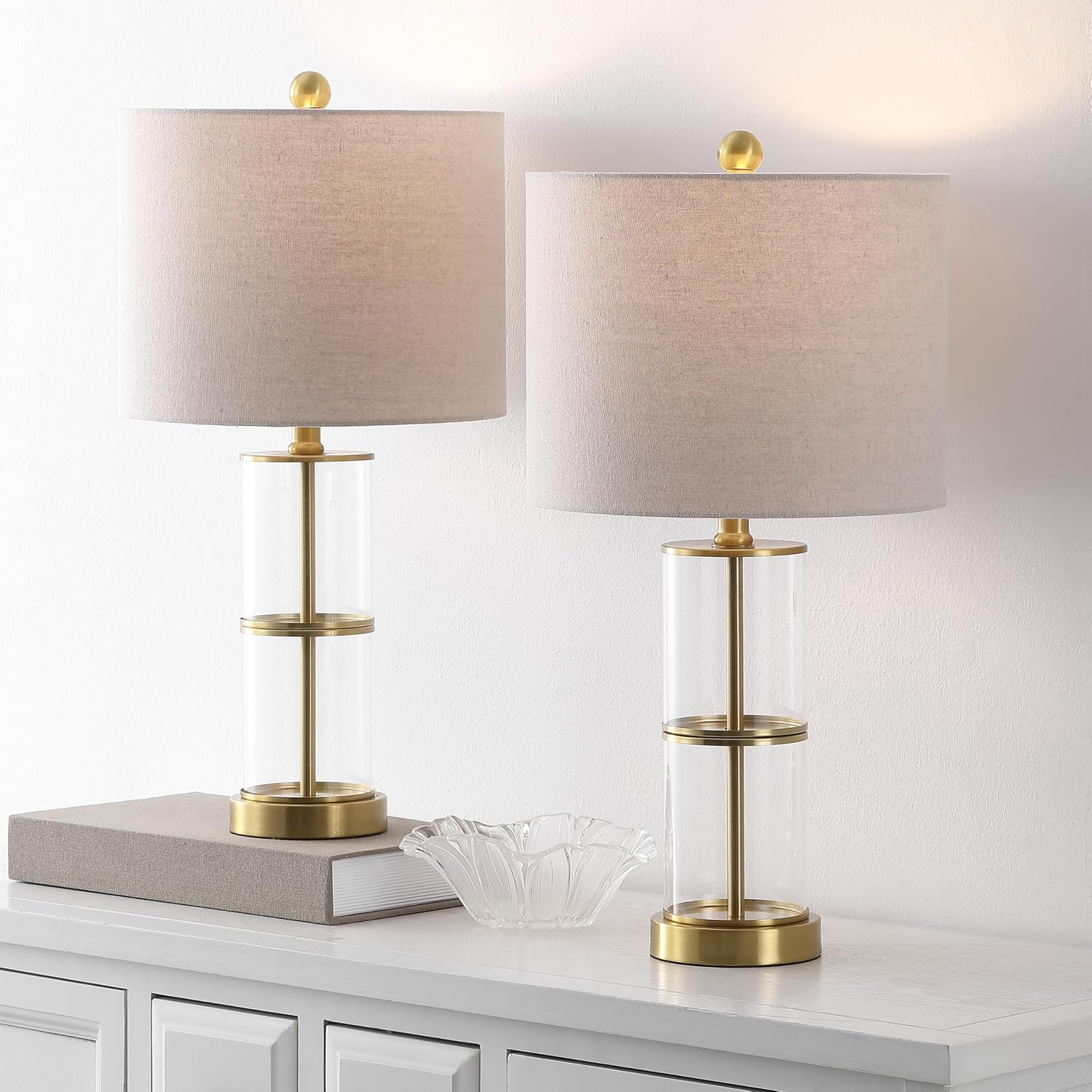 SAFAVIEH Lighting Collection - Nalla Clear Glass Table Lamp Set of 2, 23" Decorative Accent Lights with Fabric Shades, E26 Bulb Compatible (TBL4621A-SET2)