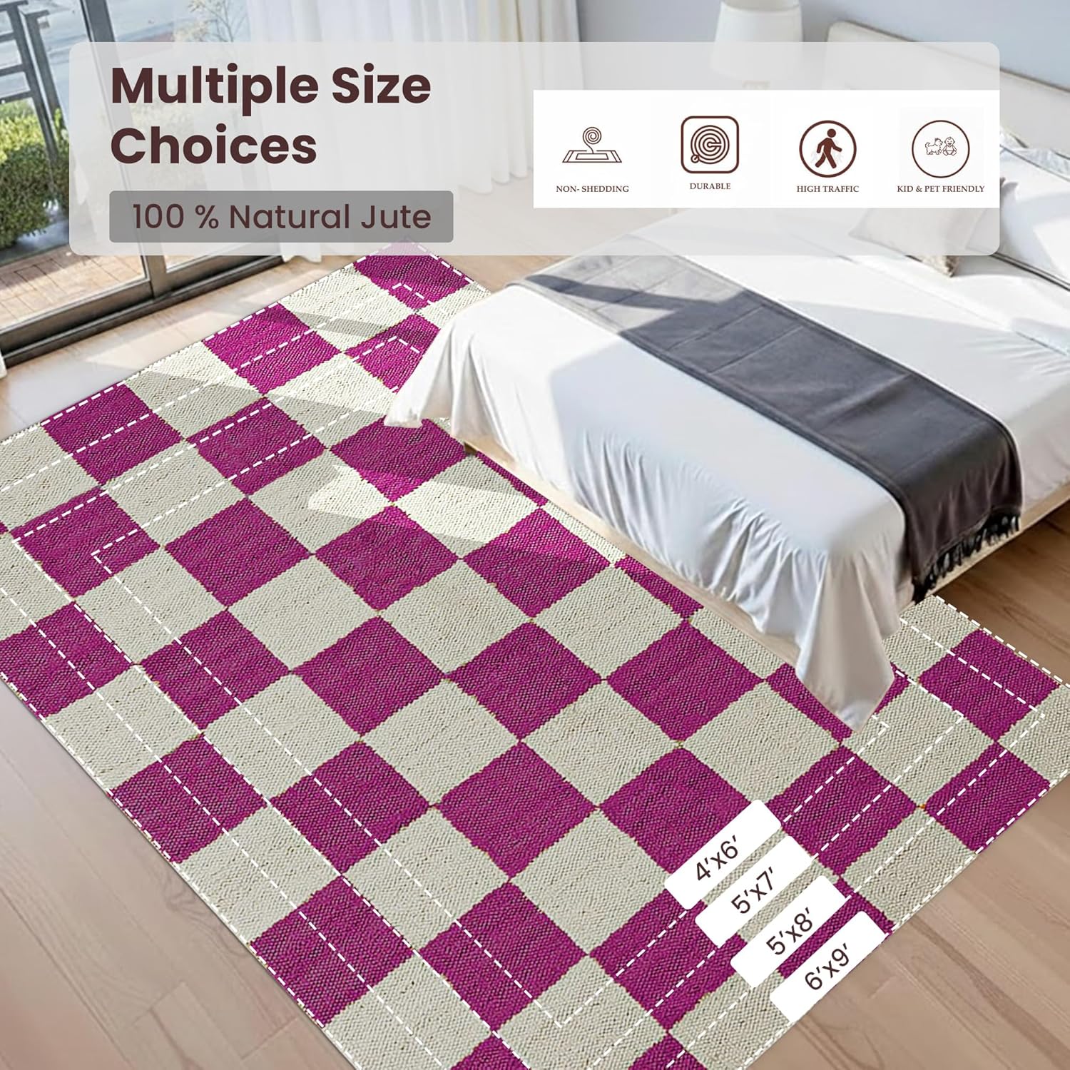 Farmhouse Rectangle Area Rug 10x18 Ft Natural Hand Made Jute Rugs Pink Checkered Pattern Boho Jute Rug for Living Room, Dining Room, Bedroom, Pet-Friendly, Easy Maintenance
