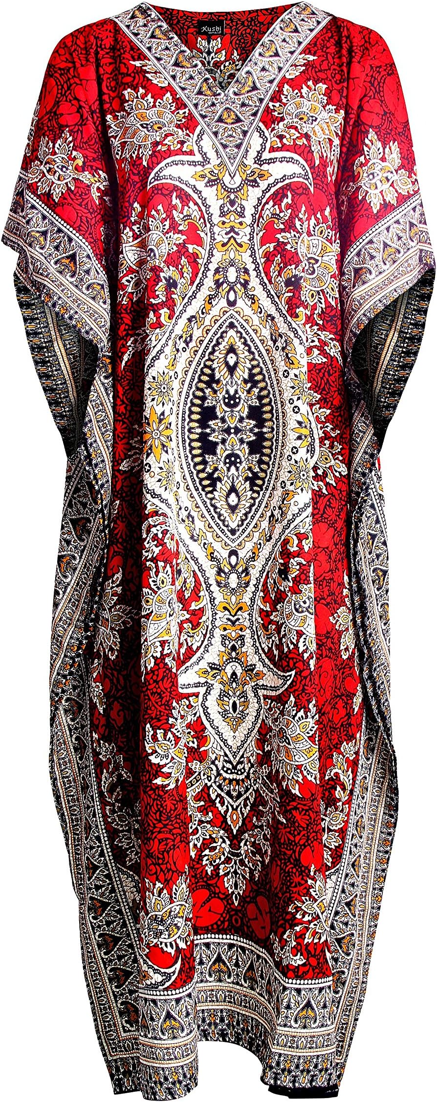 Tribal Print Long Kaftan Plus Size Maxi Dress (Red)