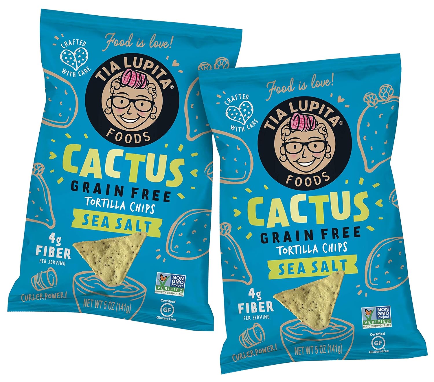 Tia Lupita Cactus Tortilla Chips - Sea Salt (Two 5oz Bags) - Vegan, Gluten Free, Grain Free, Dairy Free, High Fiber, Authentic Mexican Snack Food.