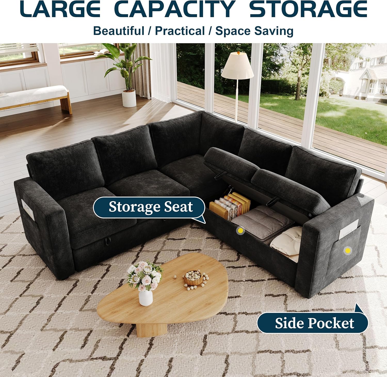 83.5" Sectional Sleeper Sofa with Pull Out Couch, Modern 5 Seat L Shaped Modular Couch, Sectionals Modular Sofa with Storage, Comfy Sectional Couches for Living Room & Apartment, Black