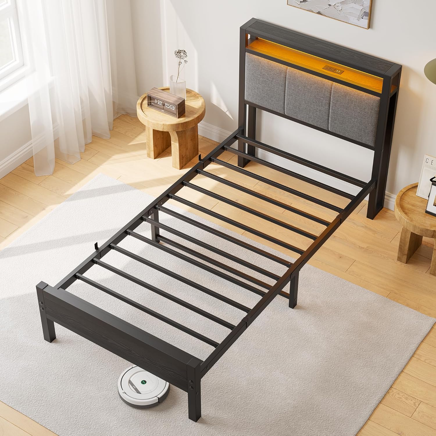 Twin Size Bed Frame with LED Lights and Charging Station, Bed with Storage Headboard,Heavy Duty Metal Slats Support,Mattress Foundation Easy Assembly(Black)