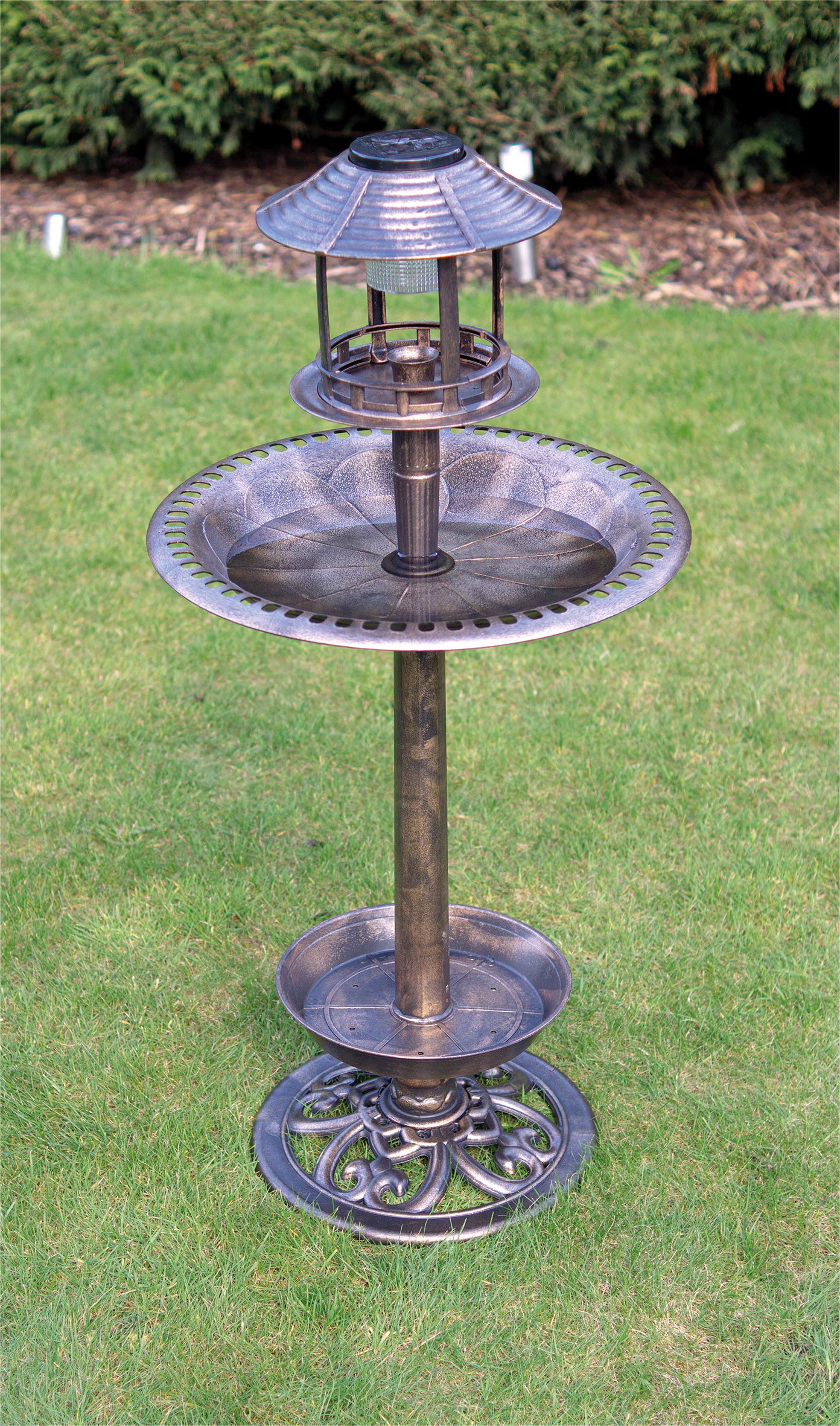 St Helens Home & Garden Ornamentale freistehend, wetterbeständig, Sockel-Stil, einfache Montage, Vogeltränke und Futterstation mit solarbetriebenem Licht