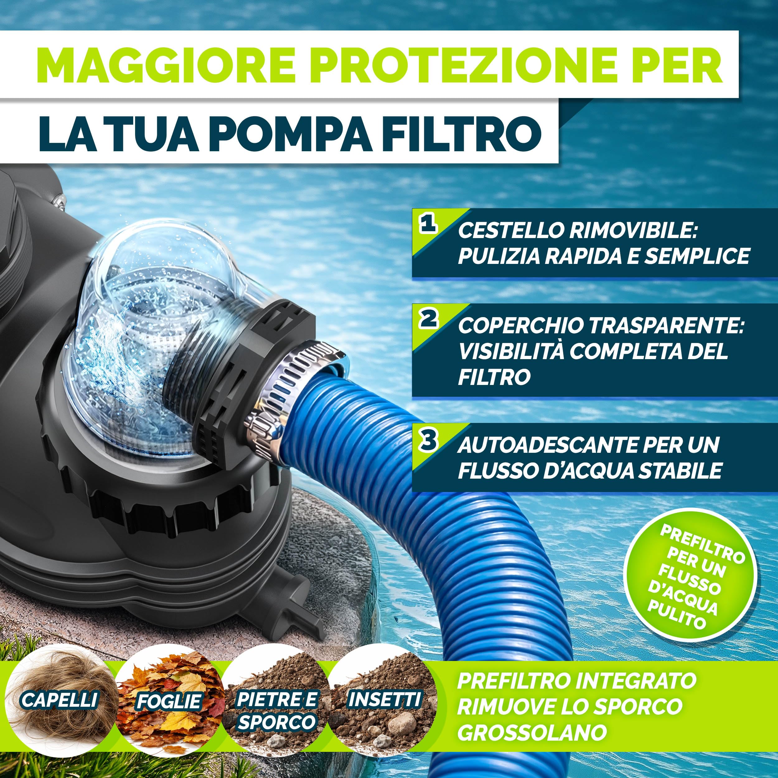 tillvex® Pompa filtro piscina 9 500 L/h & 550 W | Altezza di mandata max. 10 m | Pompa di circolazione per piscine fino a 40 m³ | Autoprimante per piscina fuoriterra & spa con prefiltro
