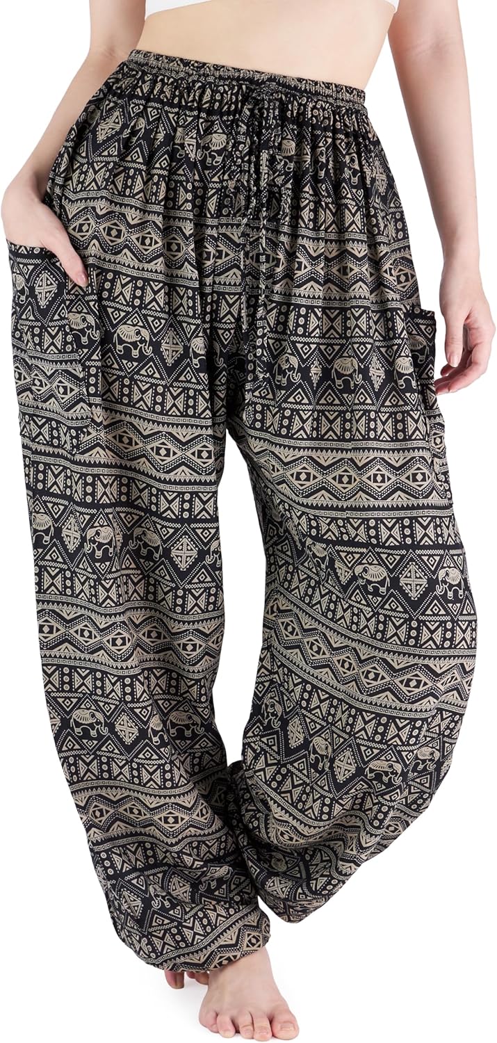 Lannaclothesdesign Harem Pants Women – Boho Elephant Pants High-Waisted Hippie Clothes with Pockets for Yoga