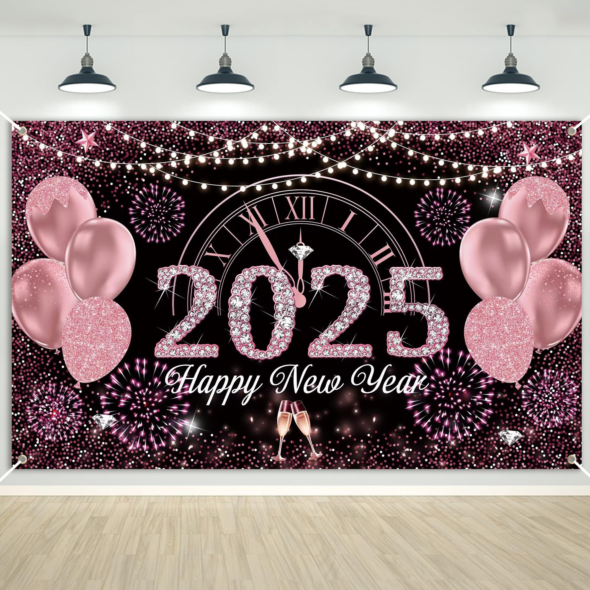 2025 New Year's Eve Large Happy New Year Banner - Indoor and Outdoor Decoration Backdrop (180 x 110 cm), Rose Gold