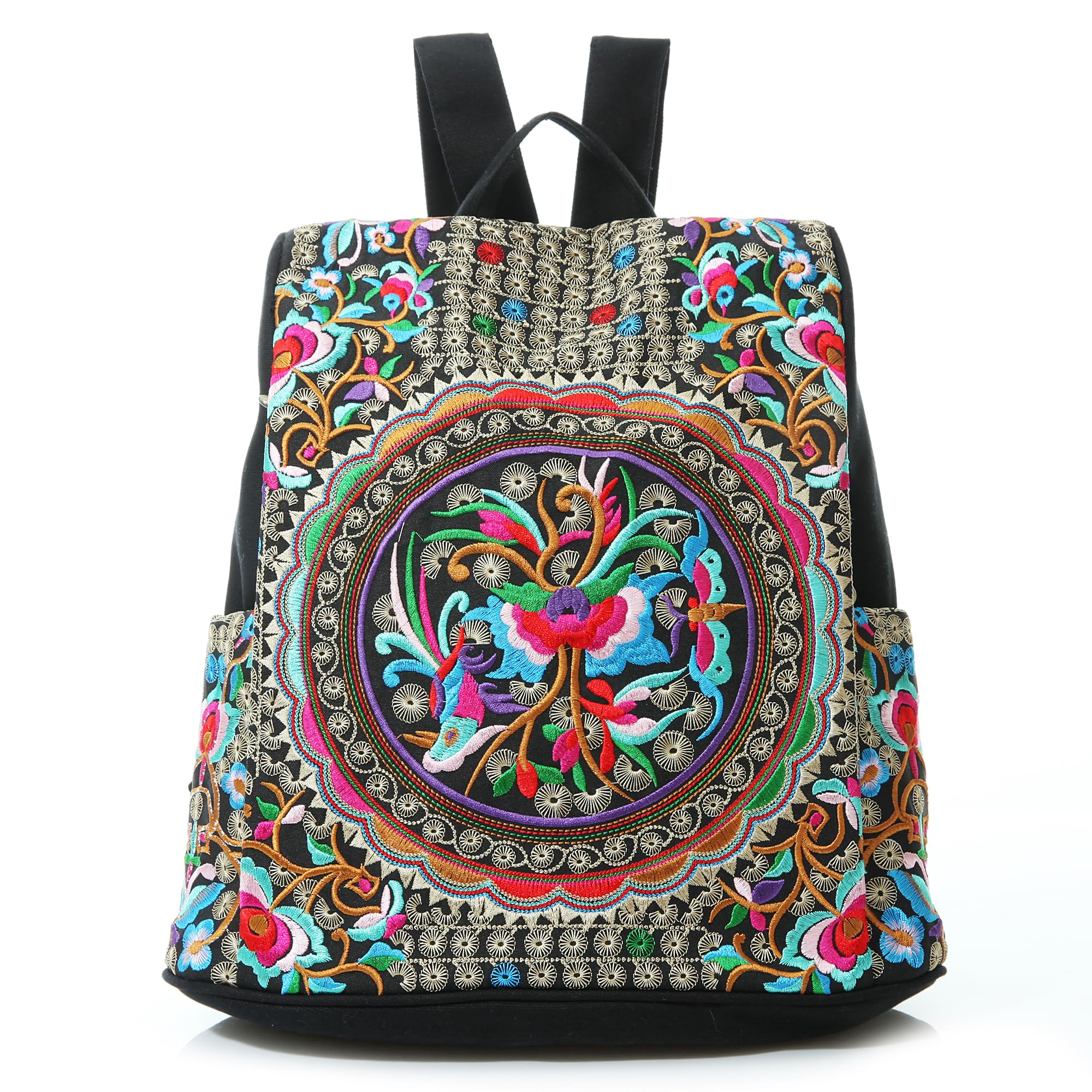 Jursccu Embroidered Women Backpack Purse, Fashion Canvas Travel Anti-theft Rucksack Shoulder Bag (Flower Embroidery)