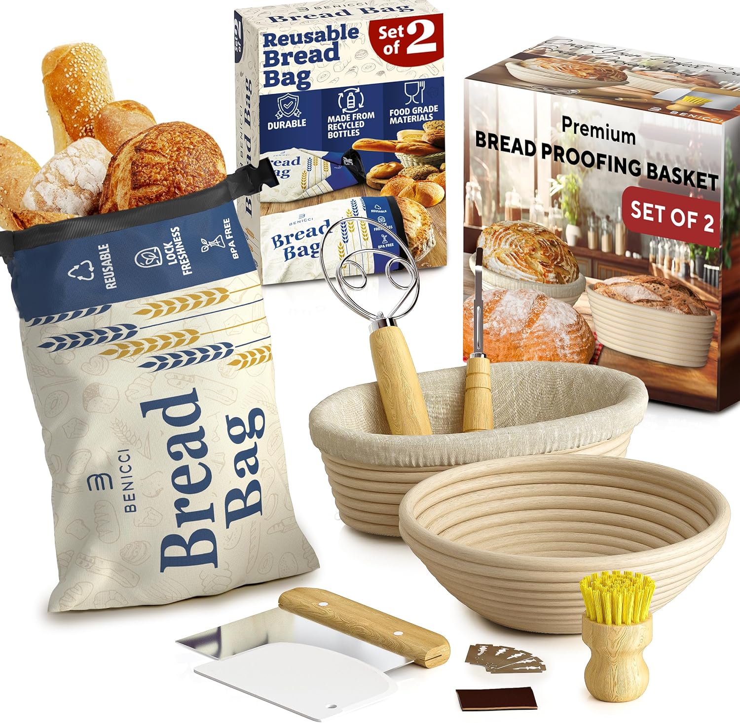 Complete Bread Proofing Baskets Set - Includes 9" & 10" Banneton Basket, 2 Large Reusable Bread Bags & All Needed Bread Baking Supplies - Perfect Tools for Baking Enthusiasts - Great Christmas Gift