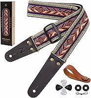 Vista 29 de Nefelibata Correa de guitarra, correas de guitarra de algodón bordadas con extremos de cuero de vaca para bajo, guitarras eléctricas y acústicas