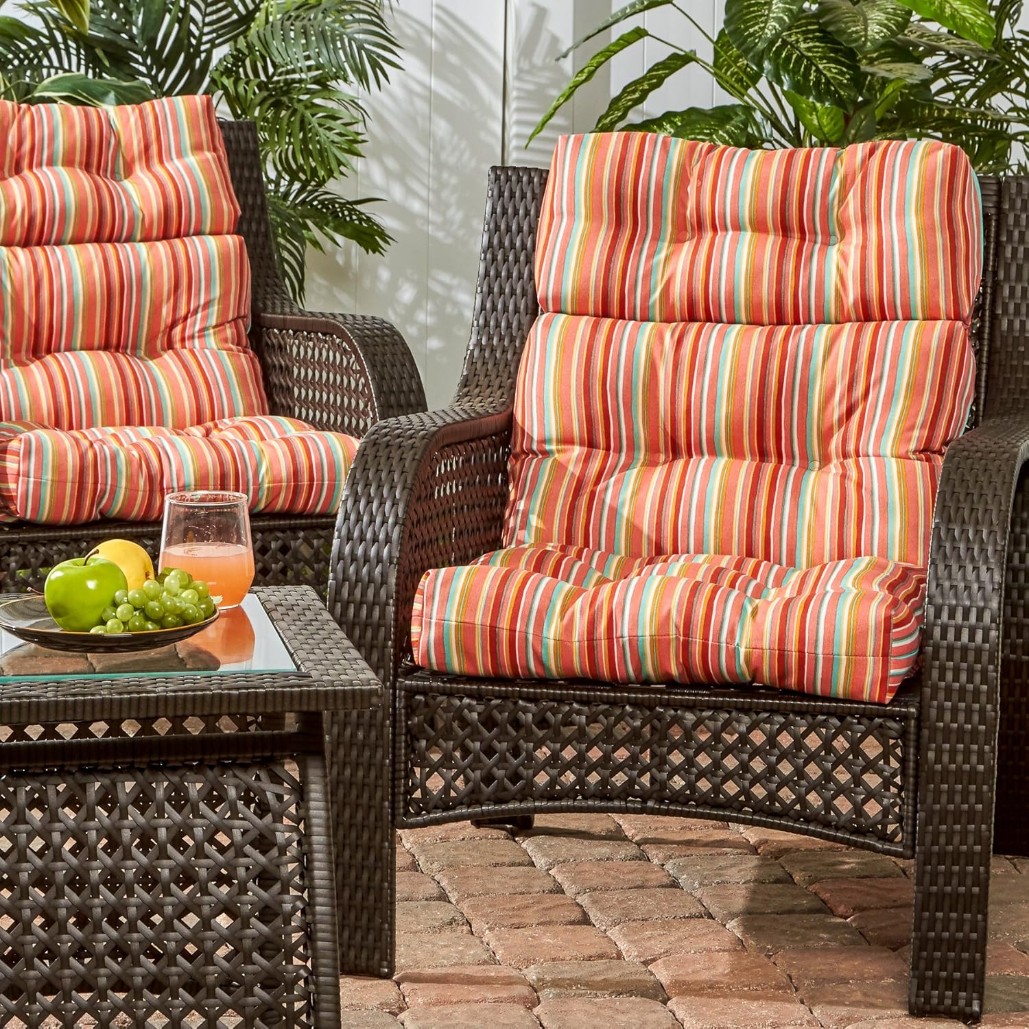 Greendale Home Fashions Outdoor 44x22-inch High Back Chair Cushions (Set of 2), Coral Stripe