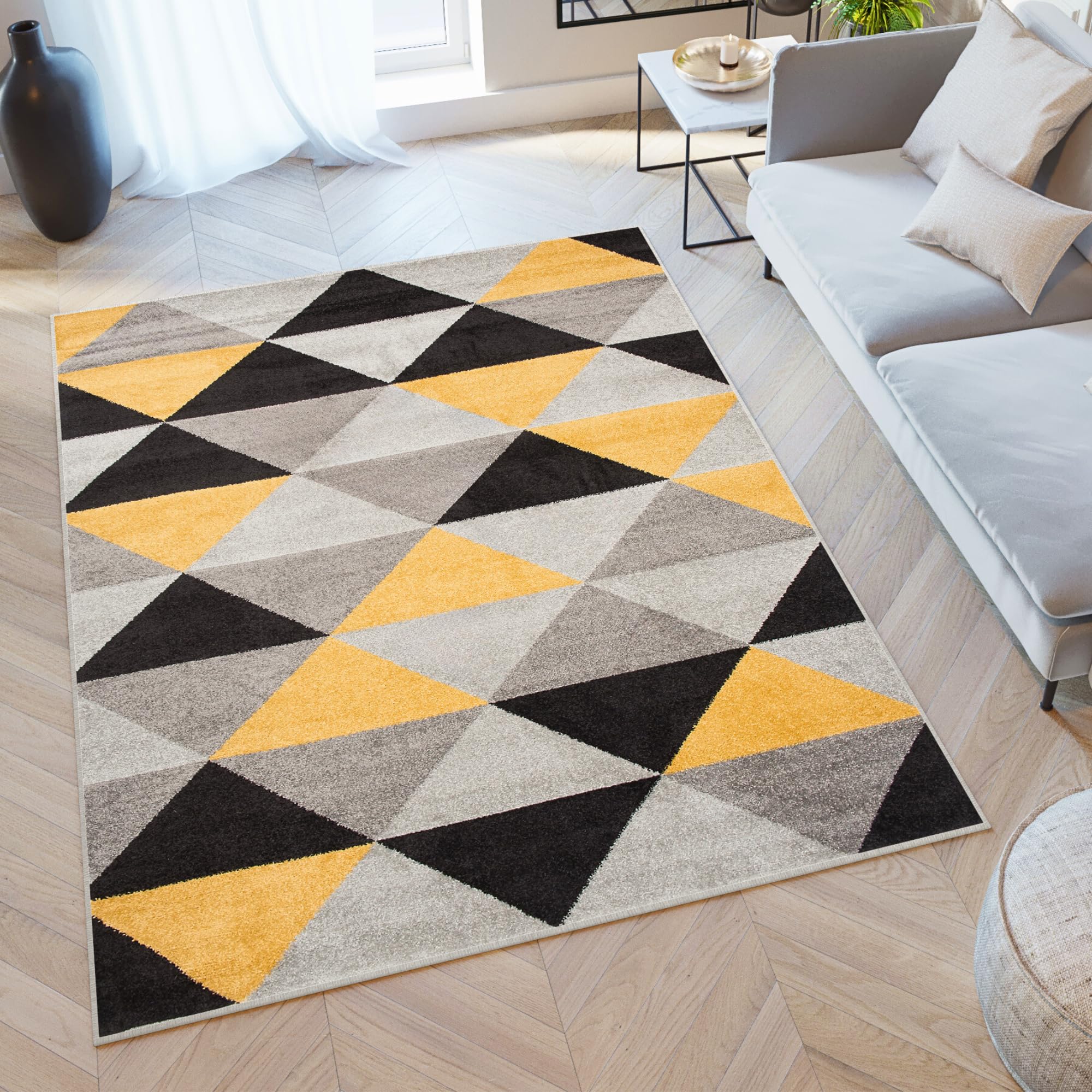 Tapiso Grey Yellow Triangles Lazur Area Rug Living Room Bedroom Geometric Triangles Grey Black Yellow Fuchsia Size - 120 X 170 Cm (3Ft11 X 5Ft7)