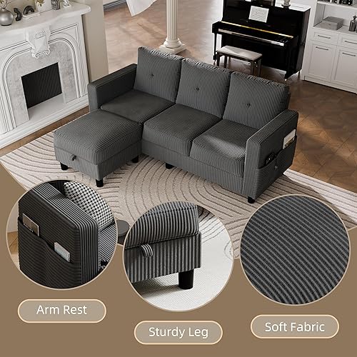 Vista 3 de JAMFLY Convertible Sectional Couches for Living Room, L-Shaped Couch 3 Seat Sectional Sofa Set with Corduroy Fabric and Movable Ottoman Small Couch