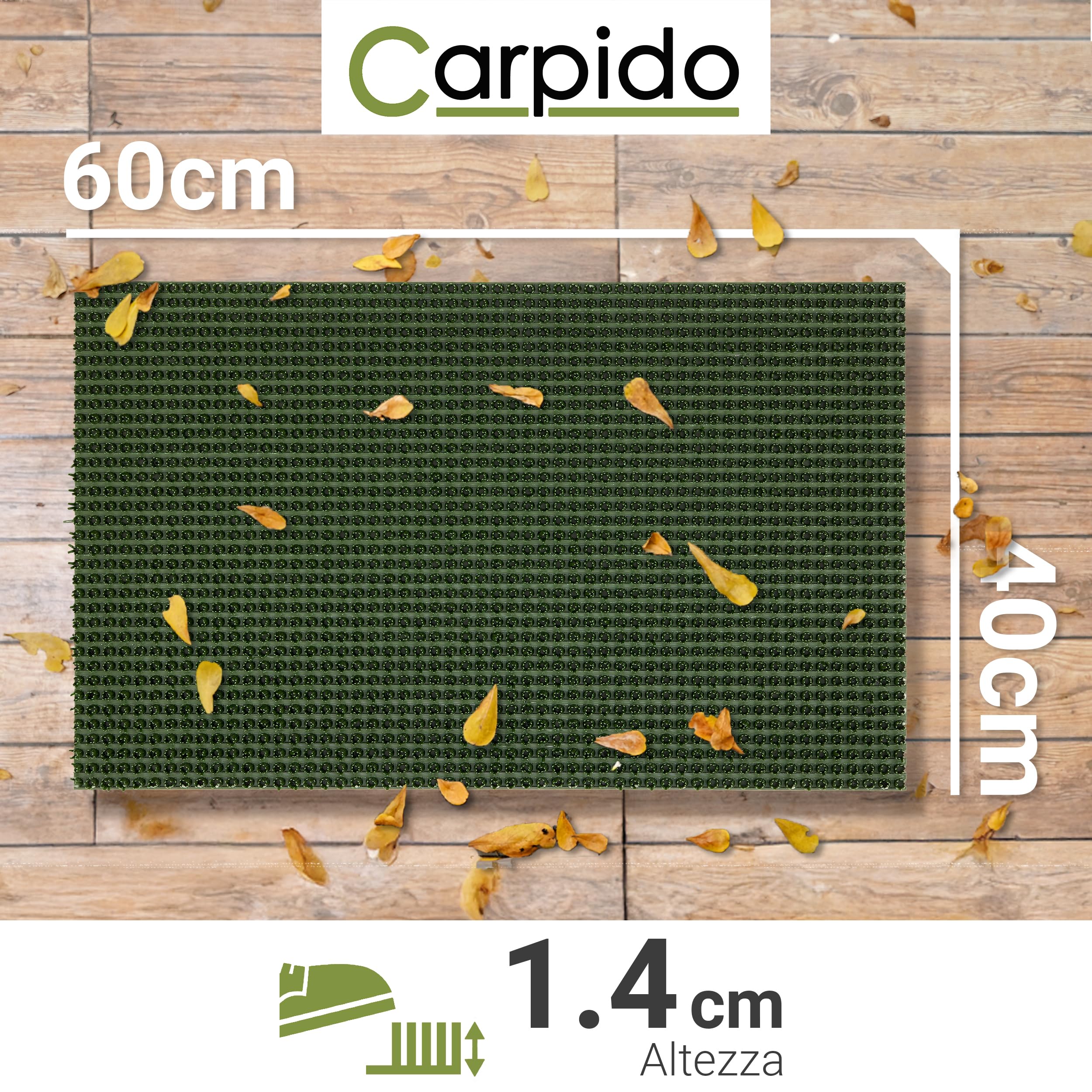 Carpido Zerbino da Esterno Resistente alle Intemperie in Gomma Antiscivolo - Verde Set di 3 40x60 cm - Tappeto Ingresso per Esterni Trattiene Sporco e Umidità