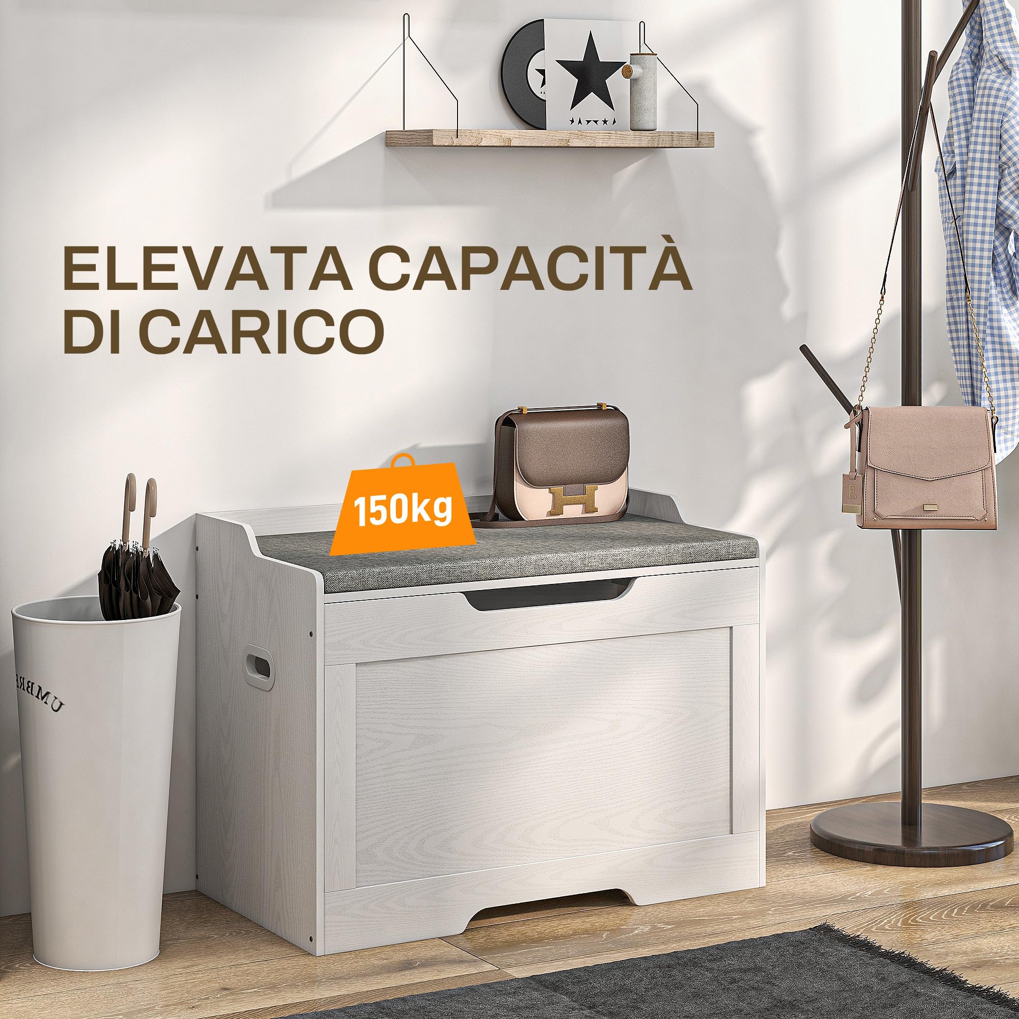 HOMCOM Cassapanca da 103L, Panca Contenitore Multiuso con Cuscino in Tessuto Lavabile, Panca Portaoggetti in Legno per Ingresso, Corridoio, Camera da Letto, Soggiorno, 75x40x56 cm, Bianco