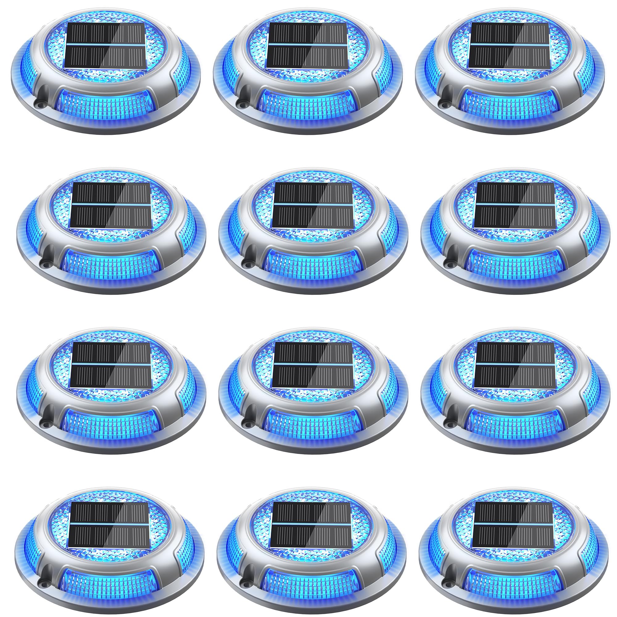 Solar Driveway Lights, 12 Pack Heavy Duty Driveway Lights Solar Powered 2 Color Mode (Cool White/Blue) IP68 Waterproof Outdoor Solar Deck Lights with Ground Stake for Pathway Garden Yard Walkway Dock