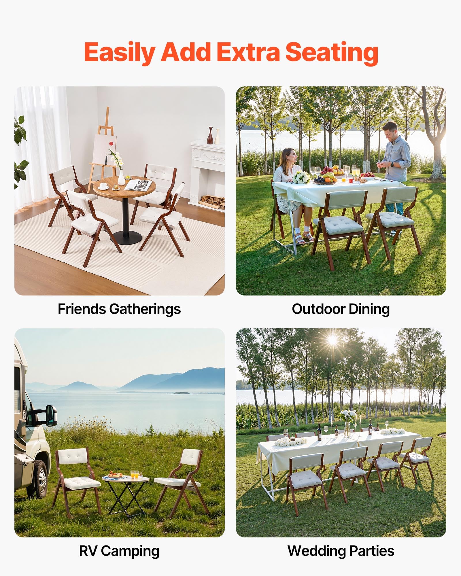 VEVOR Chaise Pliante en Bois avec Coussin, Lot de 2, Chaise de Salle à Manger Portable rembourrée Moderne avec Coussin d'assise Pliable, pour Cuisine, Bureau, Mariage, fête, Montage Facile, Blanc