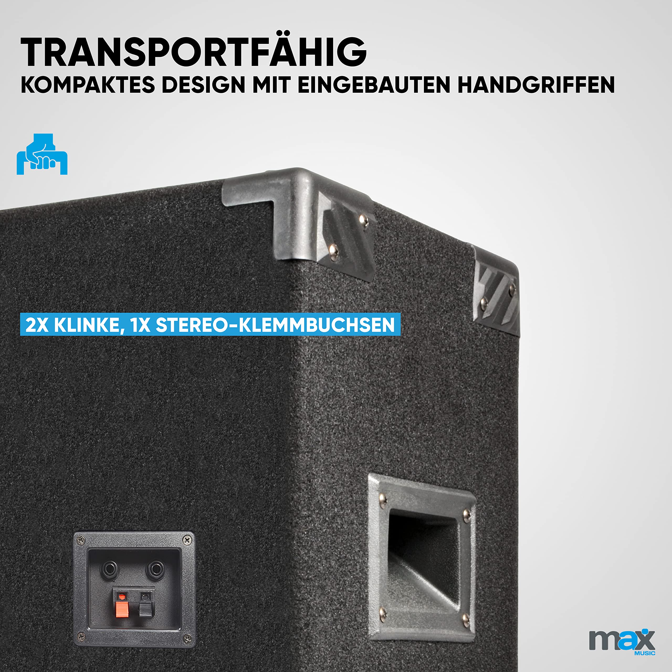 MAX12 - Passive PA Lautsprecher, 2er Set, -700 Watt mit je 12 Zoll Tieftöner, Partyboxen mit Griffe, Passive DJ Boxen Partylautsprecher, Speakerset, Disco Lautsprecherbox in Schwarz