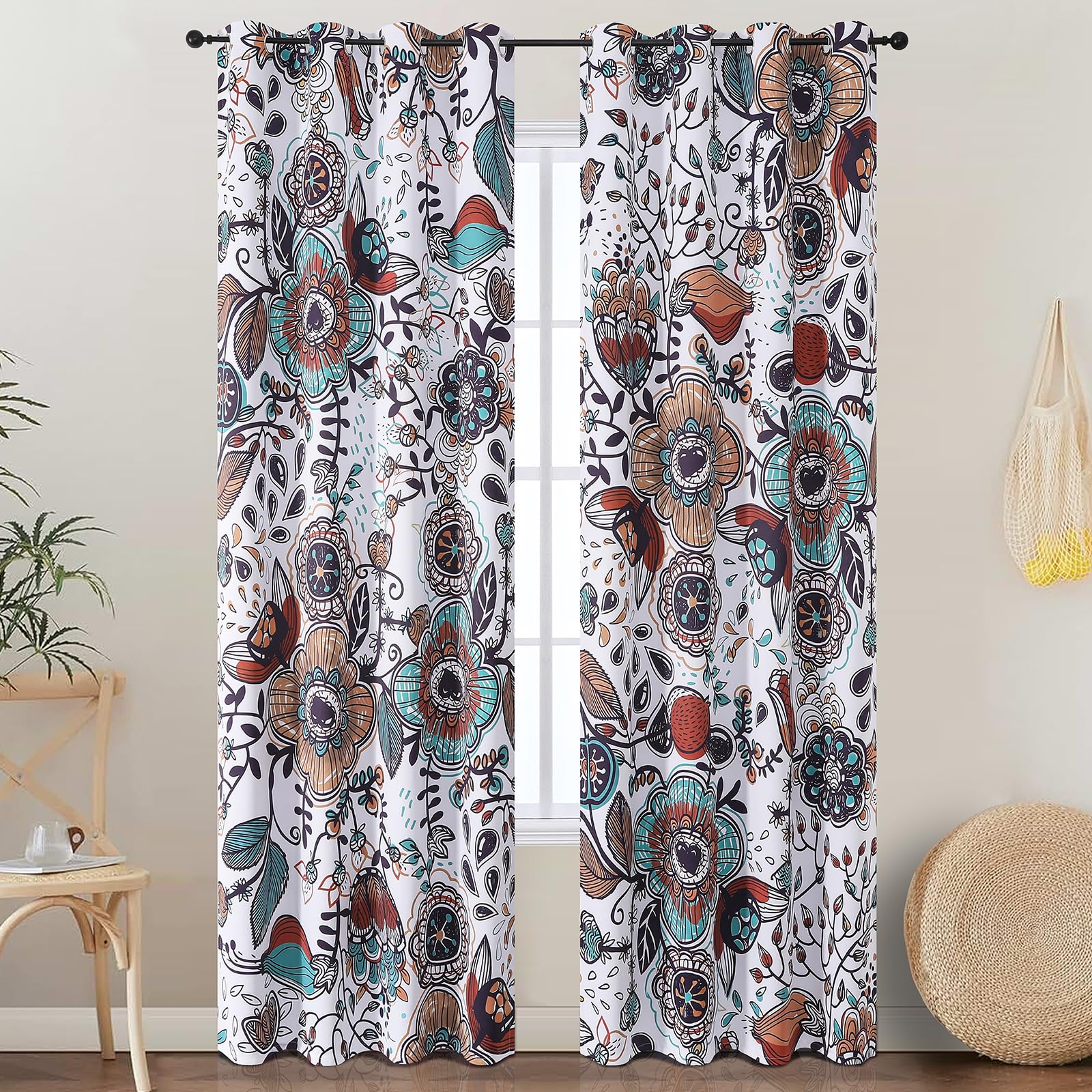 VEHEDE Colorful Flowers Room Darkening Curtains, Mid Century Boho Noise Reduction Curtain 2 Panels Thermal Insulated Printed Window White Drapes for Bedroom W52 X L108 Inch