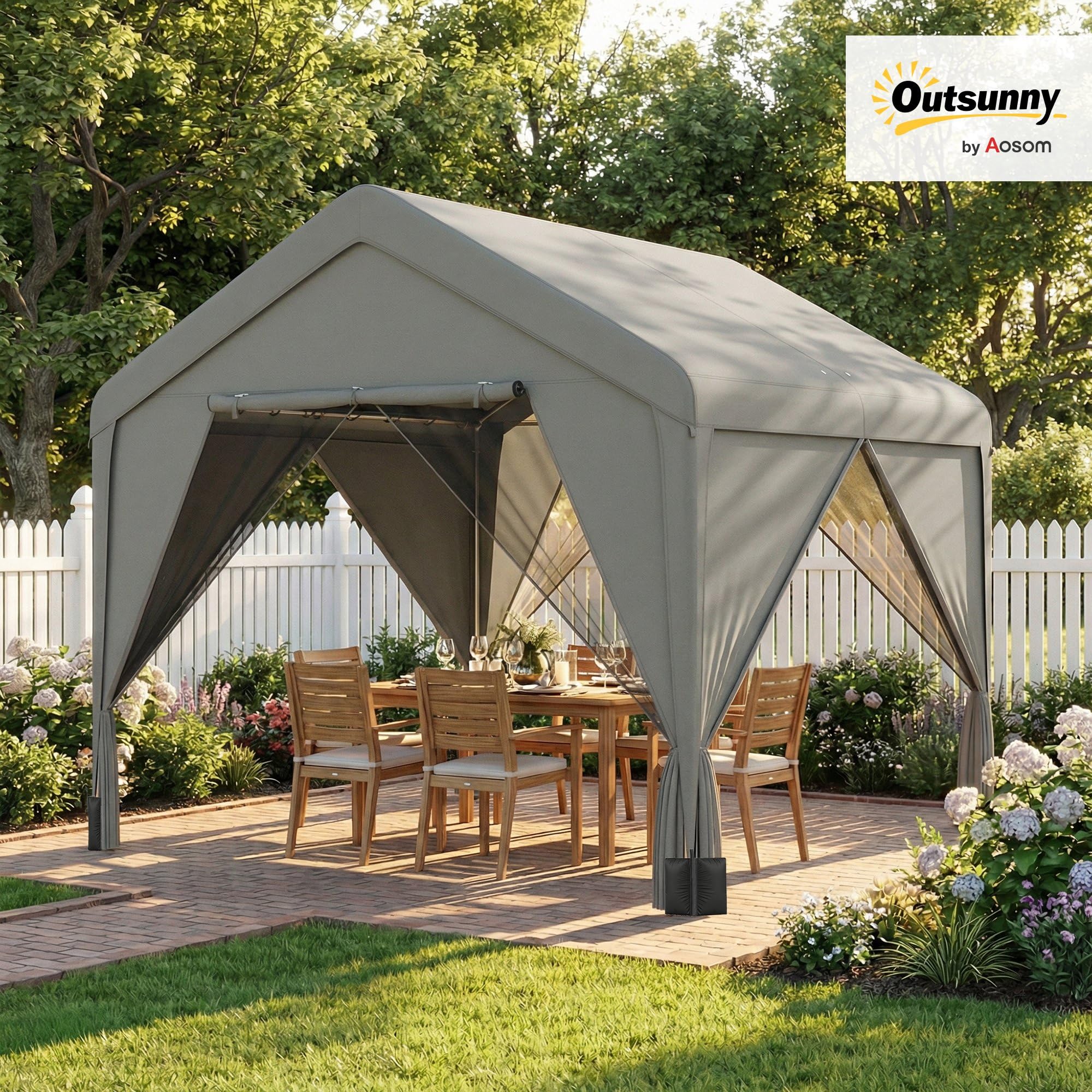 Outsunny Tonnelle de Jardin extérieur 3x3m Hydrofuge Acier Double Toit Gris