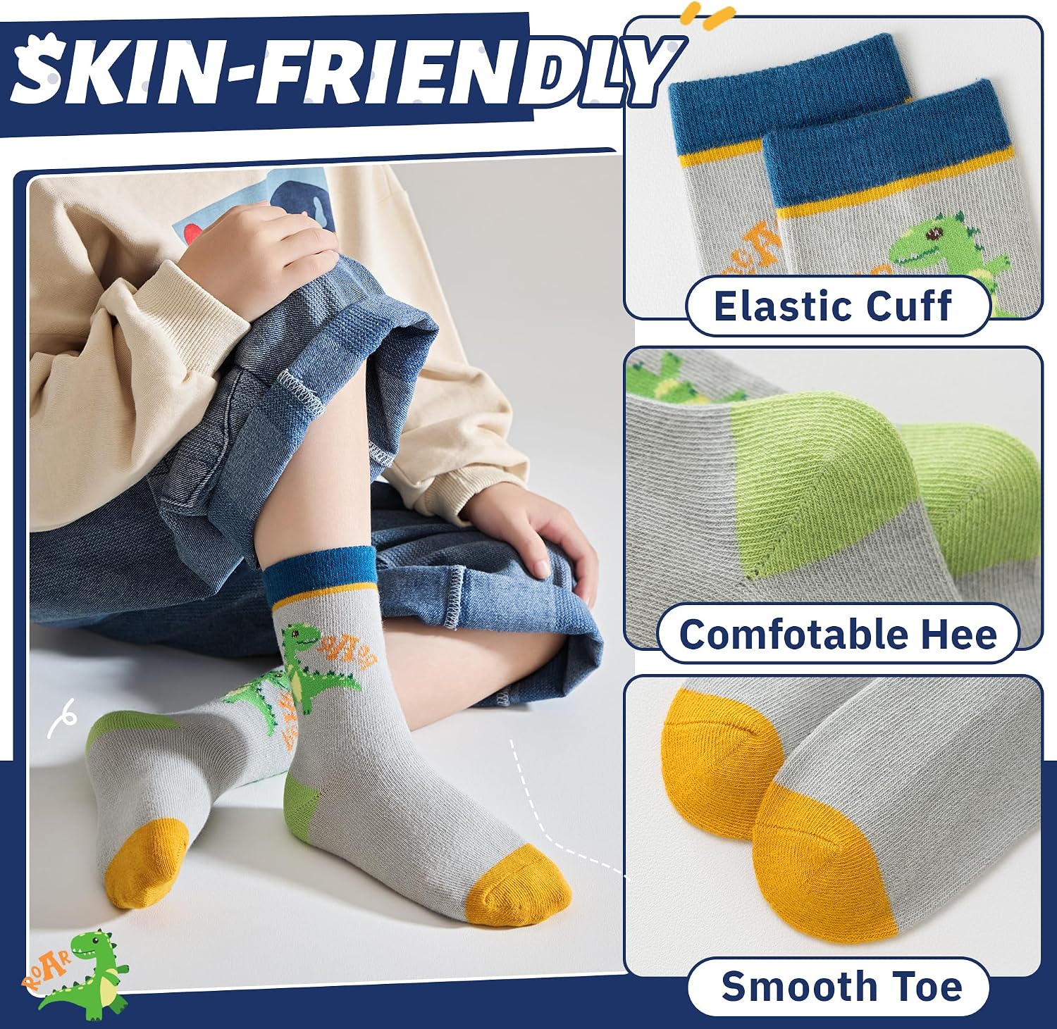 Eocom Baby Boys Socks Kids Toddlers Funny Cartoon Car Dinosaur Crew Breathable Cotton Gift Socks 10 Pairs image 5