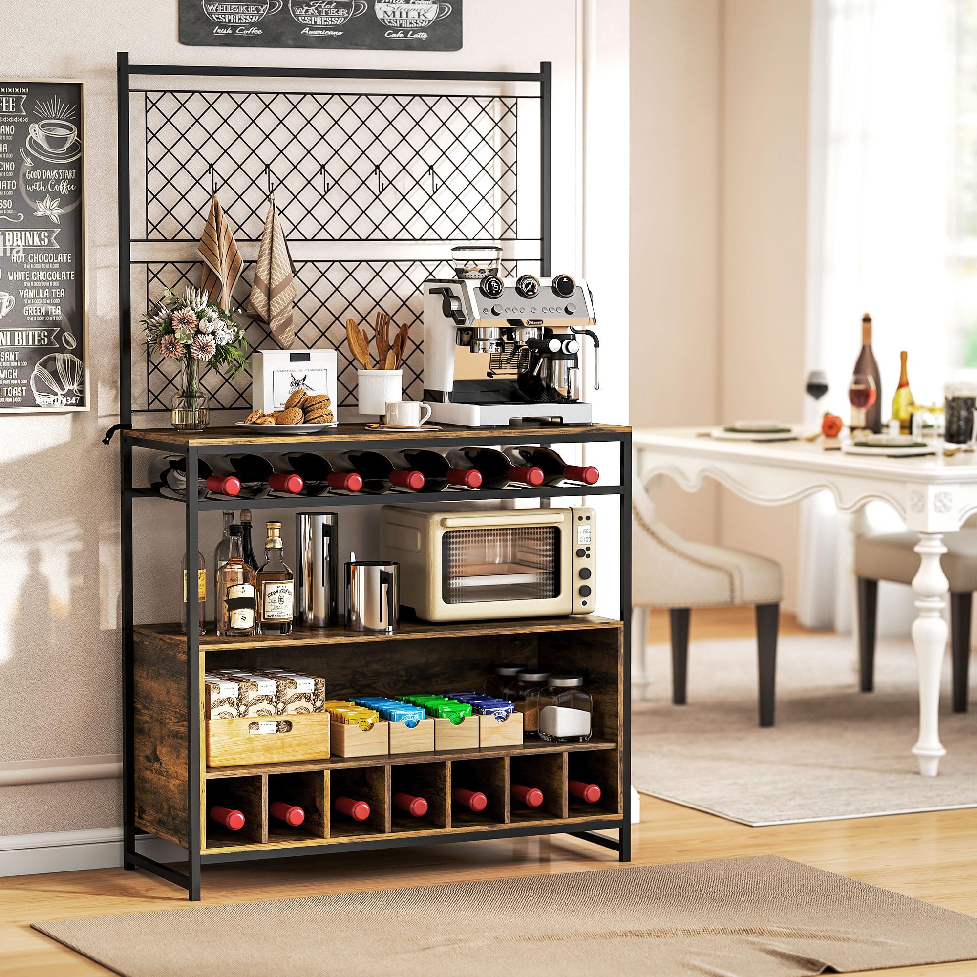 HOMCOM Küchenregal, Standregal mit 5 S-Haken, 2 Ablagen, Metallgitterpaneele, Kaffeebar mit Weinregal, Bäckerregal aus Metallrahmen, Rustikal-Braun, 96,5 x 38 x 165 cm