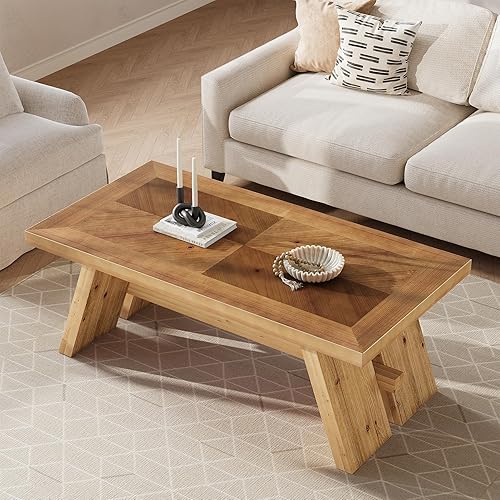Mesa de centro de madera maciza, mesa central rectangular de 47 pulgadas, patrón geométrico de grano de madera, marrón