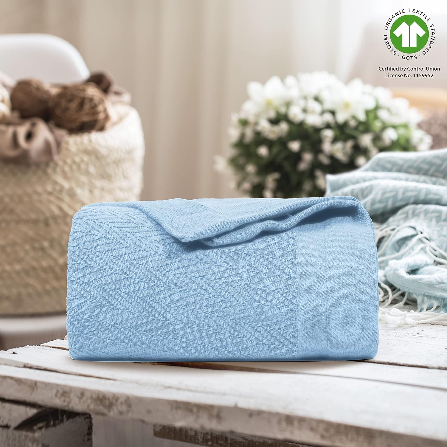 THREAD SPREAD Organic GOTS Cotton Blanket, King/Cal King - 350GSM, Oversized Antistatic, Couch, Bed, Camping & Travel, Luxurious Herringbone All-Season Throw, Light Blue + Stylish Bonus Tote Bag - Image 9