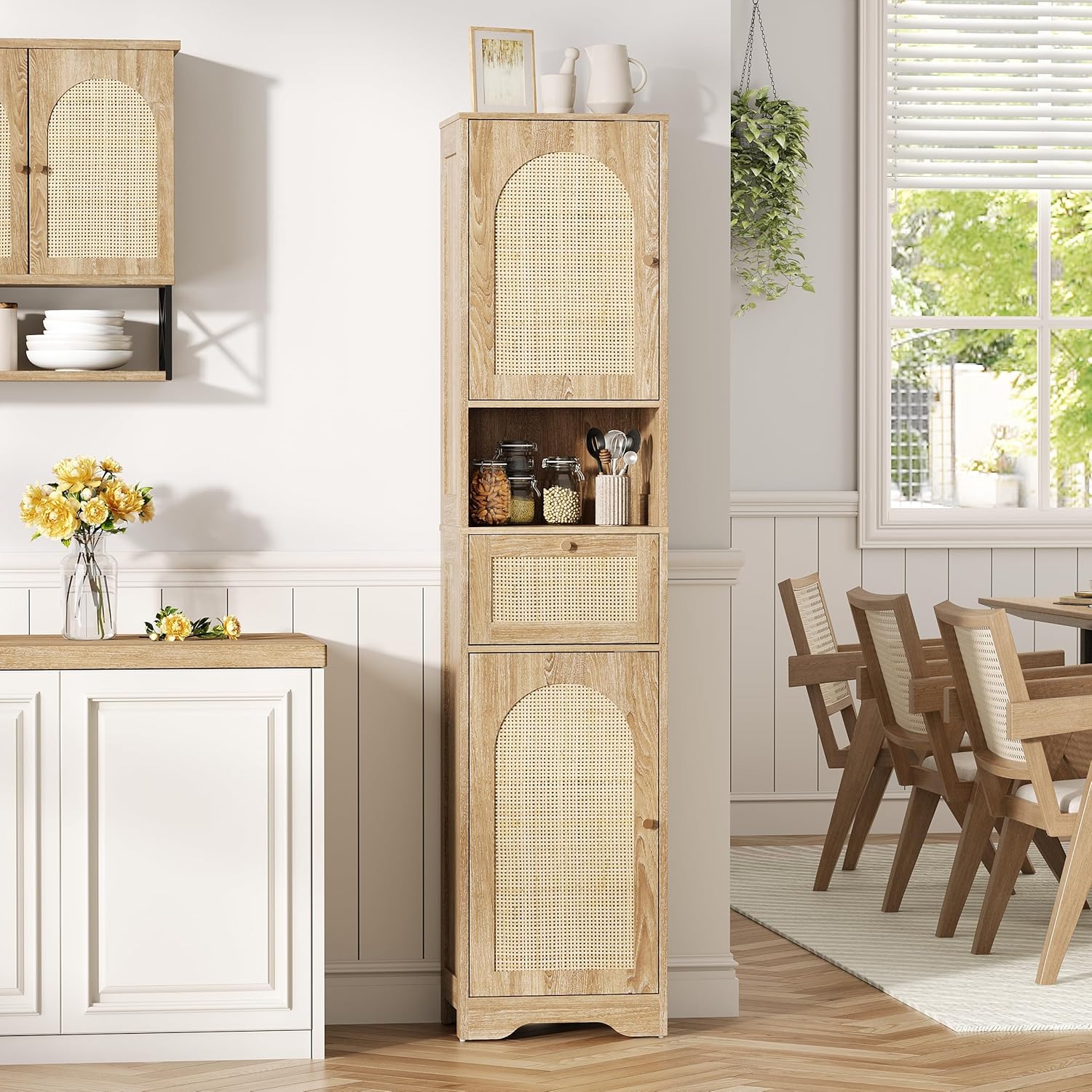 Real Rattan Narrow Tall Bathroom Storage Cabinet with Doors & Drawers, Narrow Kitchen Storage Pantry Cabinet, Slim Free Standing Bathroom Floor Organizer Storage Cabinets with Adjustable Shelves