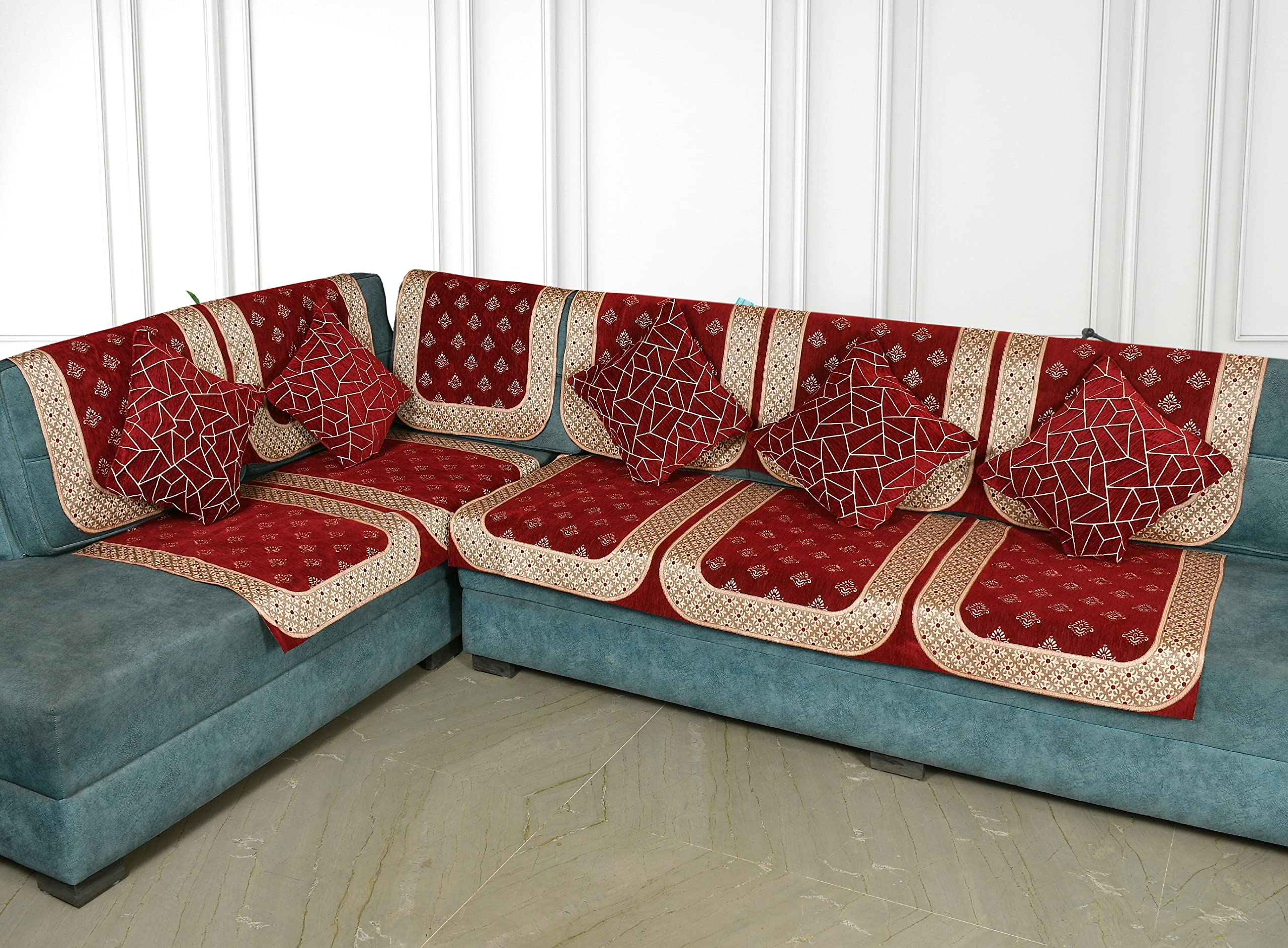 SAWNA HOMES L Shape 6 Seater Velvet Chenille Sofa Cover Set | Printed Sofa Back Covers with Ties | Anti-Slip Royal Look Sofa Protector for 3,2,1 Seater Sofa for Living Room (11 Pcs, Maroon) (B0B8HLV4VC) Amazon Price History, Amazon Price Tracker