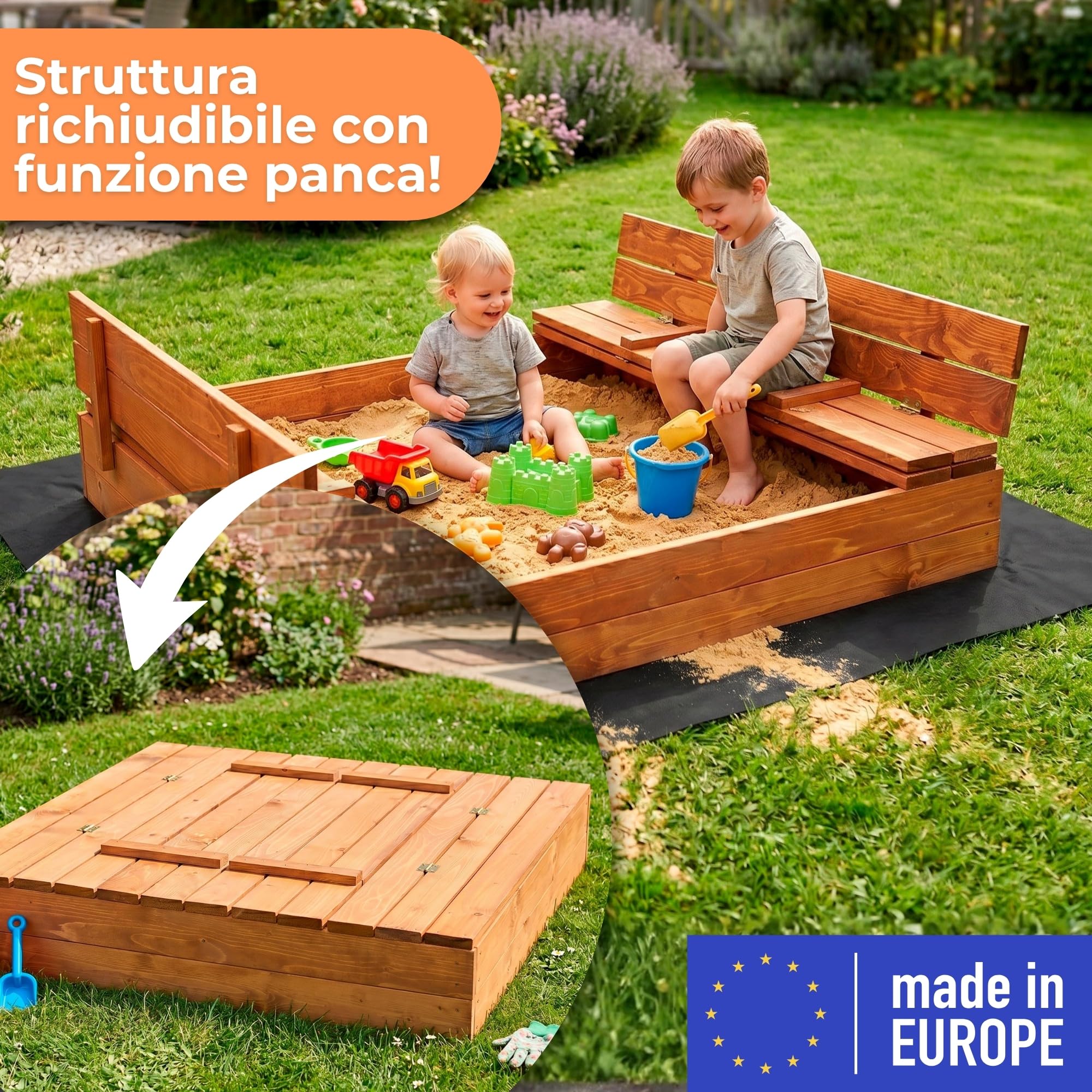 Springos Sabbiera in legno 120 x 120 cm, impregnazione ecologica a base d'acqua, bordi arrotondati, inclusi geotessile e telone, tavole stabili da 18 – 20 mm, montaggio fai da te, prodotta in Polonia