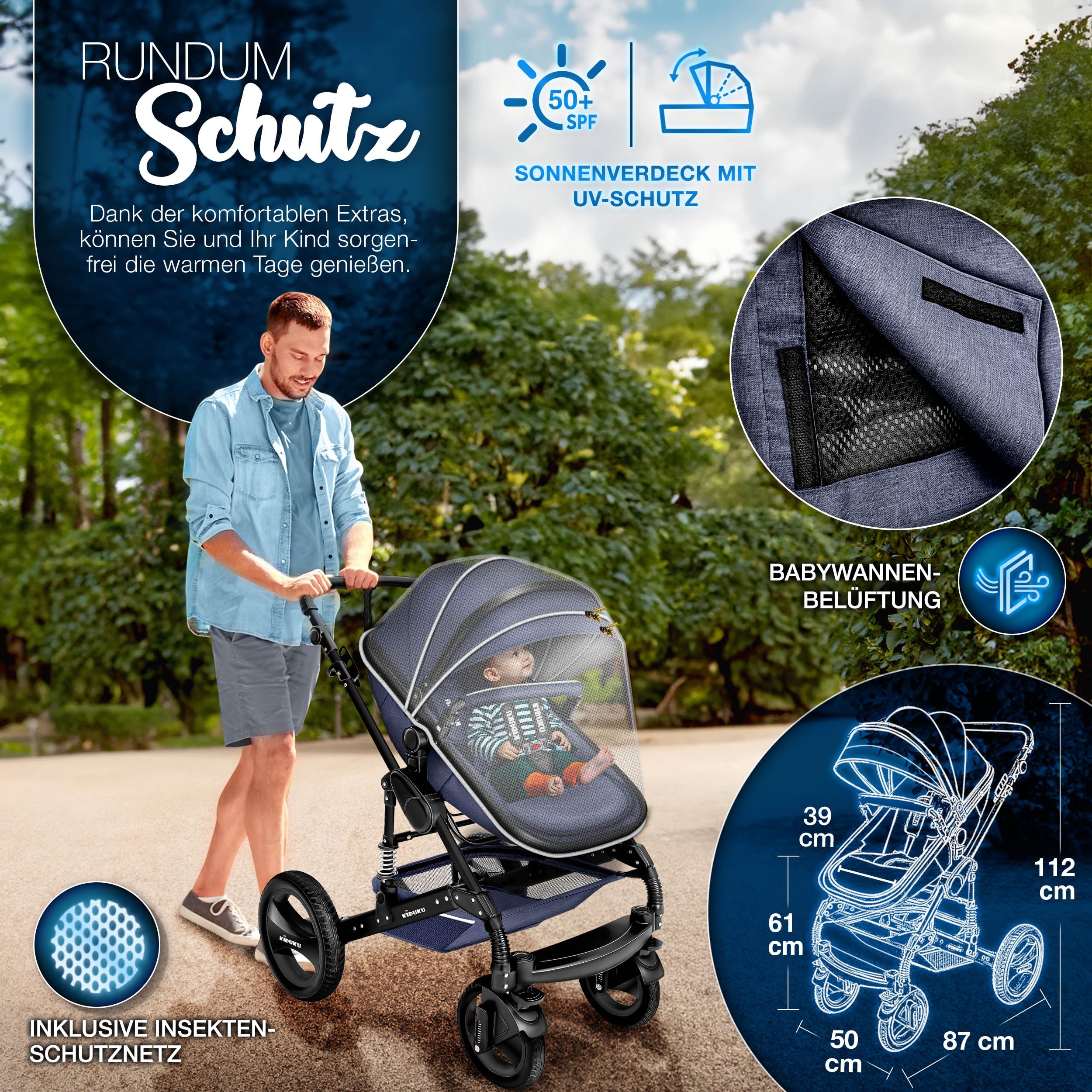 KIDUKU 3 in 1 Kinderwagen XXL Komplettset Kombikinderwagen mit Babywanne Buggy Sportsitz Auto-Babyschale Fußsack Vollgummireifen Wickeltasche Regenschutz ECE R129
