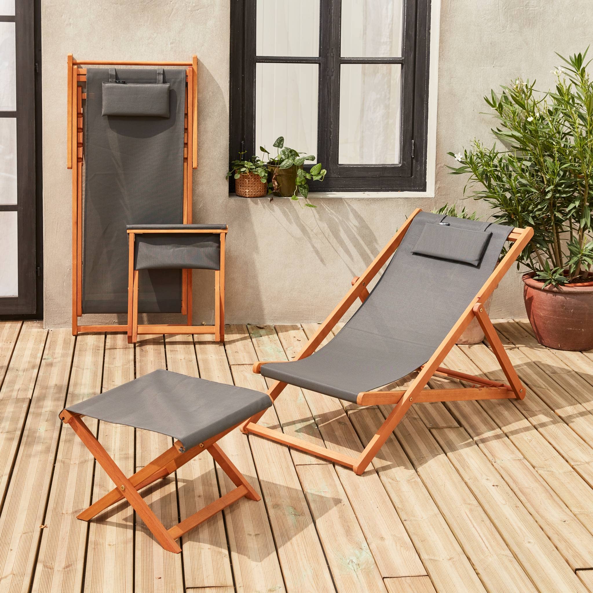 Alice's Garden - Chiliennes Bois - Creus - 2 transats en Bois d'Eucalyptus huilé avec Coussin Repose-tête Gris et Repose-Pieds