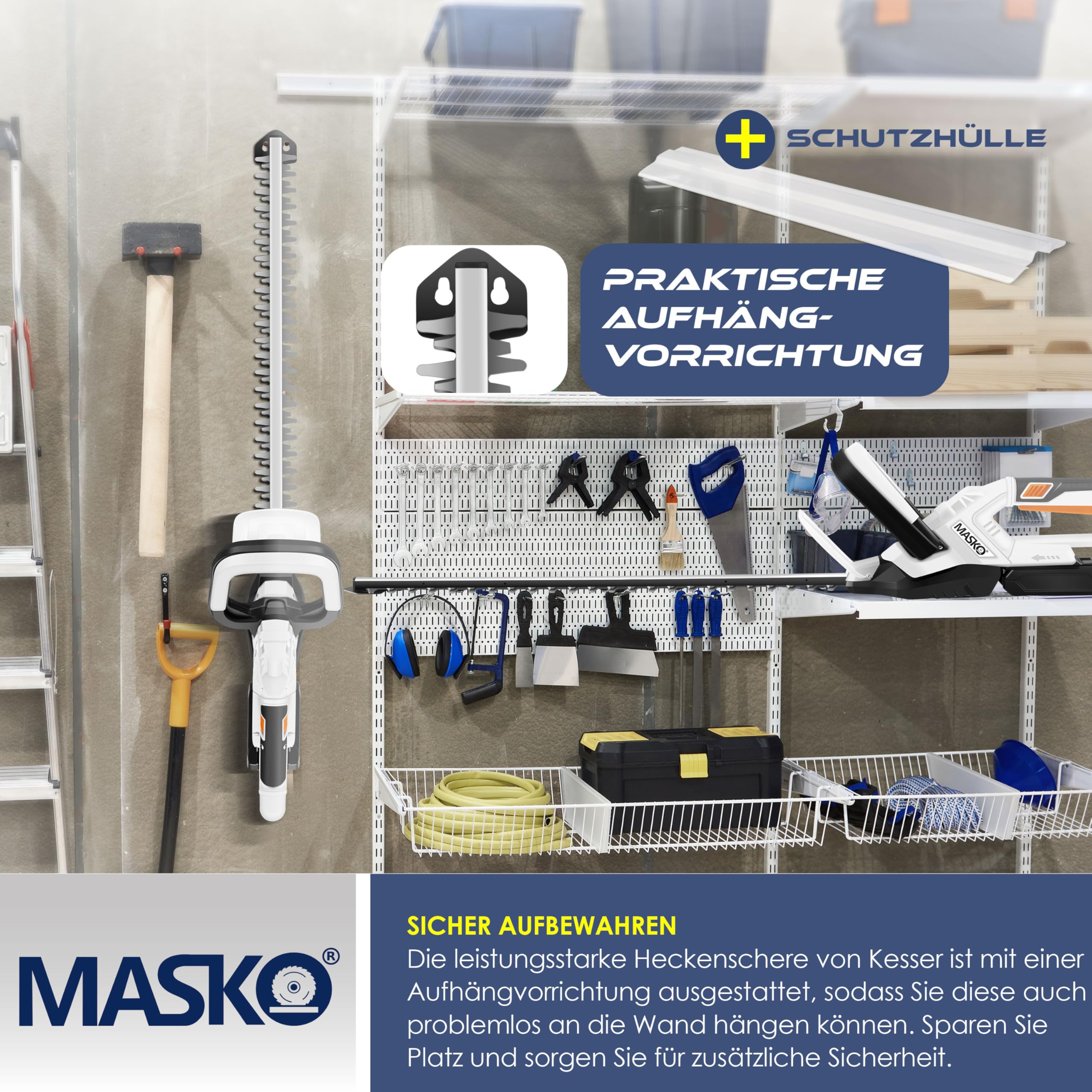 MASKO® Akku Heckenschere Profi Hecken & Strauchschere 57cm Schnittlänge Inkl. Handschuhe, Schutzhülle & 21V Akku 2,0 Ah mit Ladegerät, 27mm Zahnabstand Dual Schnittklingen Verstellbarer Griff Weiß